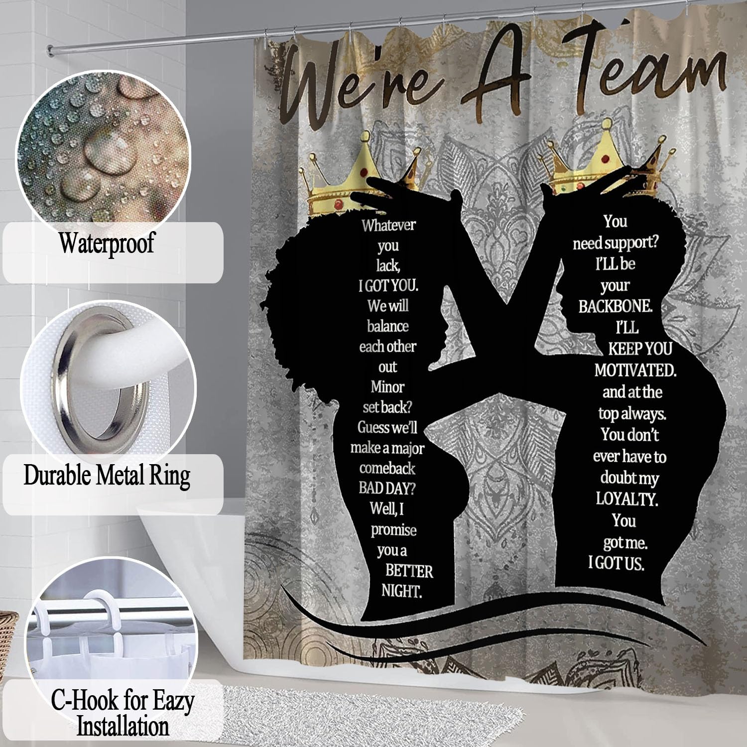 Omebero 4Pcs Black King Queen Shower Curtain Set, Inspirational Quotes Christmas Bathroom Decor Sets With Shower Curtain And Rug