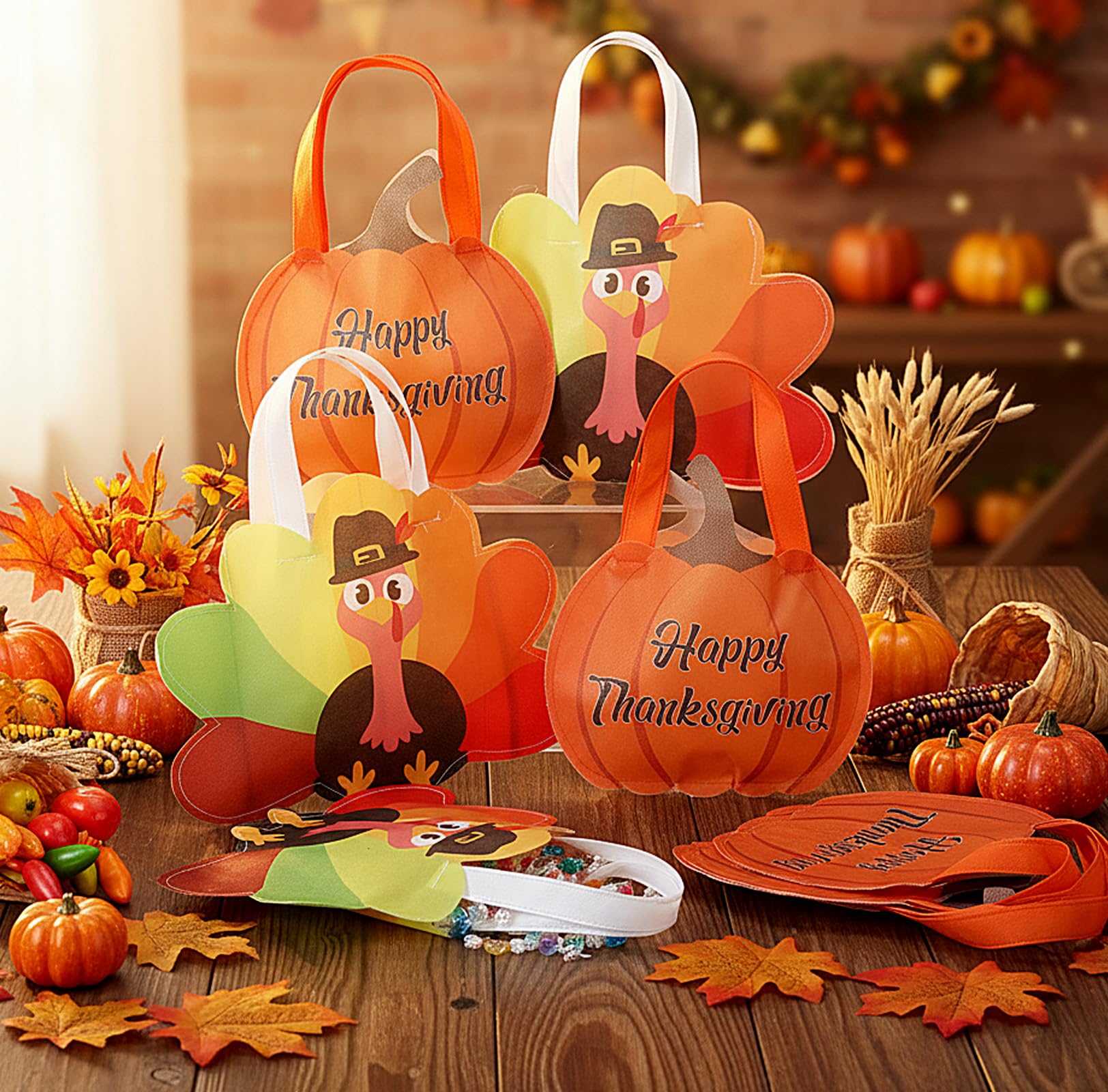Silkfly 12 Pcs Thanksgiving Turkey Gift Bags Non Woven Reusable Autumn Goodie Candy Tote Bag with Handles Fall Party Favors for