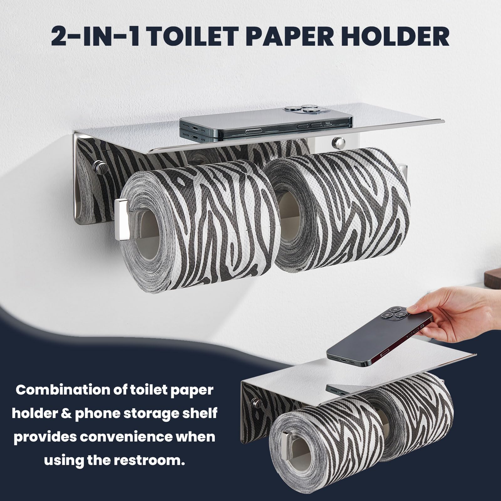Toilet Paper Holder With Shelf, Suyar 304 Stainless Steel Bathroom Double Paper Roll Toilet Tissue Holder With Phone Shelf Wall