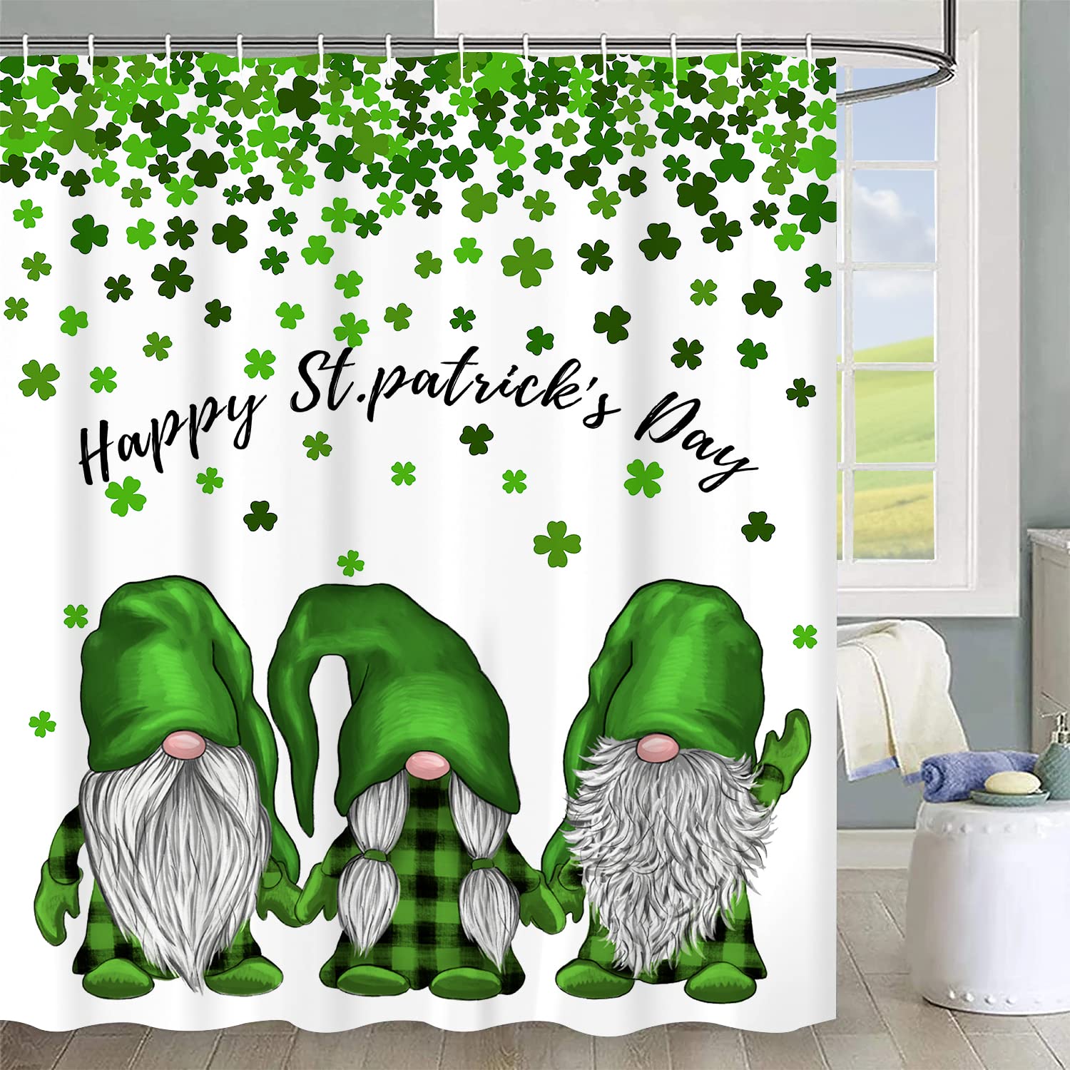 Jbralid Happy St Patrick'S Day Gnome Shower Curtains Green Clover Shamrock Waterproof Bath Curtain Spring Shower Curtain For Bat