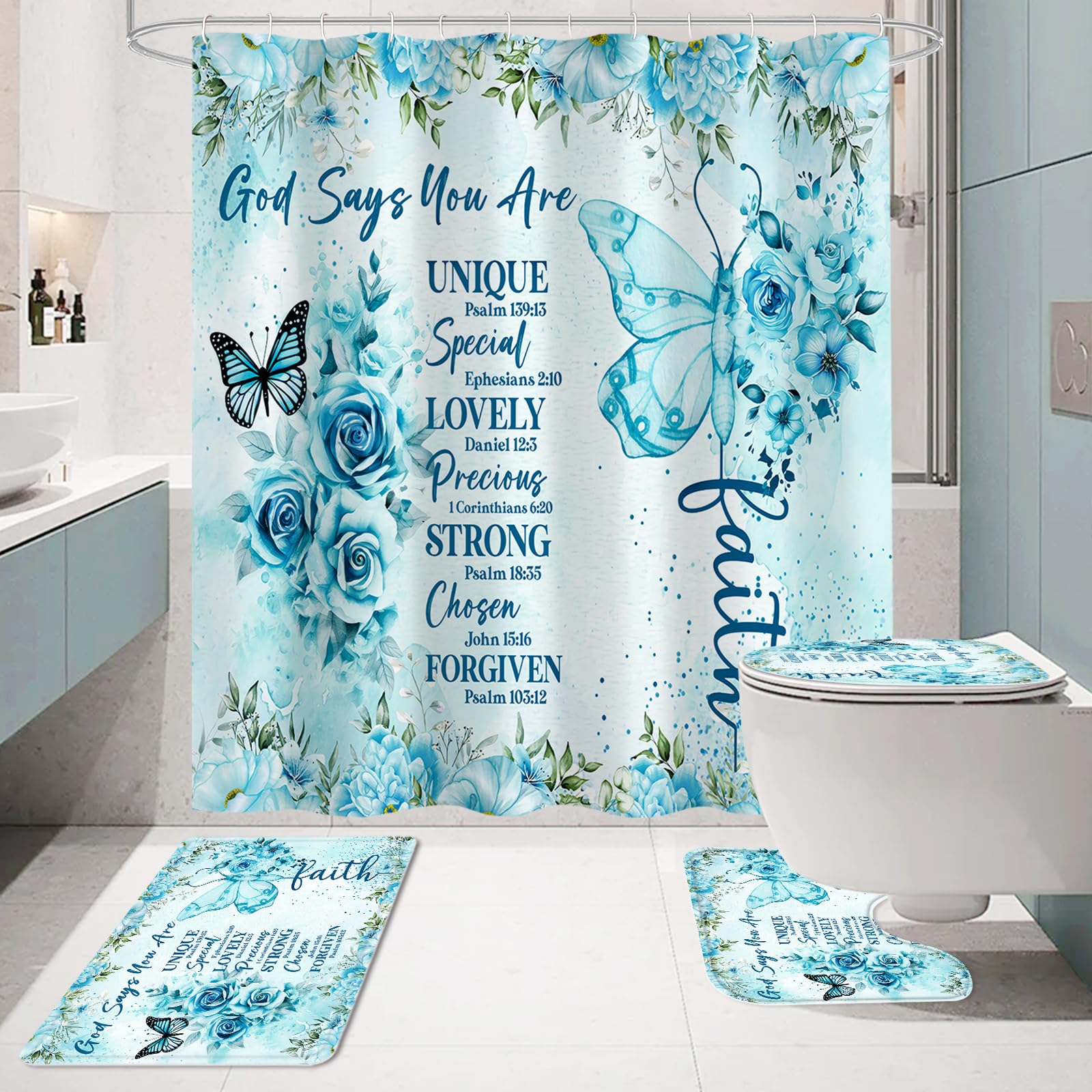 Litabel 4 Pcs Teal Butterfly Inspirational Quotes Shower Curtain Set With Rugs And Toilet Lid Cover, Colorful Boho Waterproof Fa