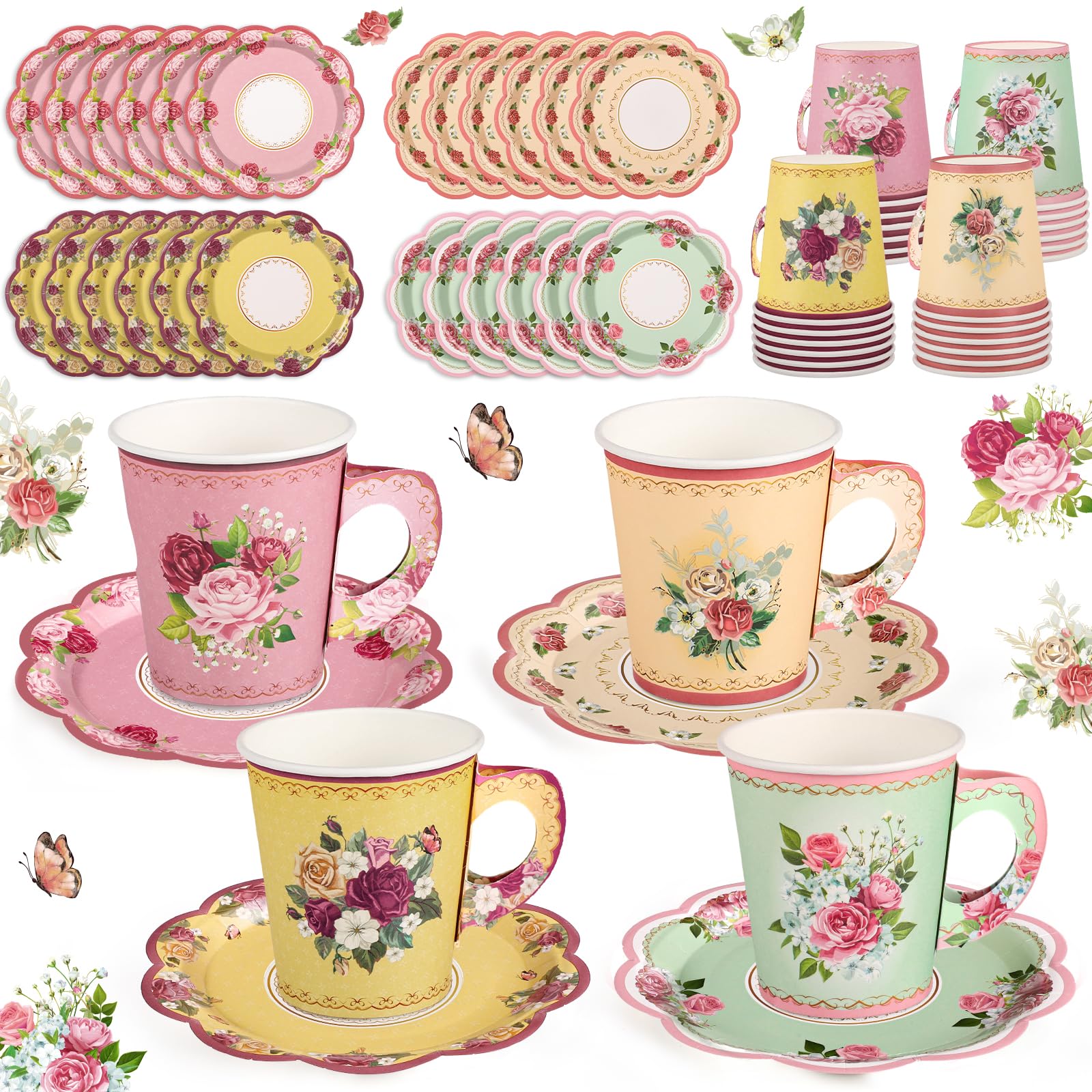 24 Sets Vintage Floral Tea Party Cups 7 OZ Disposable Paper Tea Cups with Handle and Plates Teacups and Saucer Sets for Baby Bri