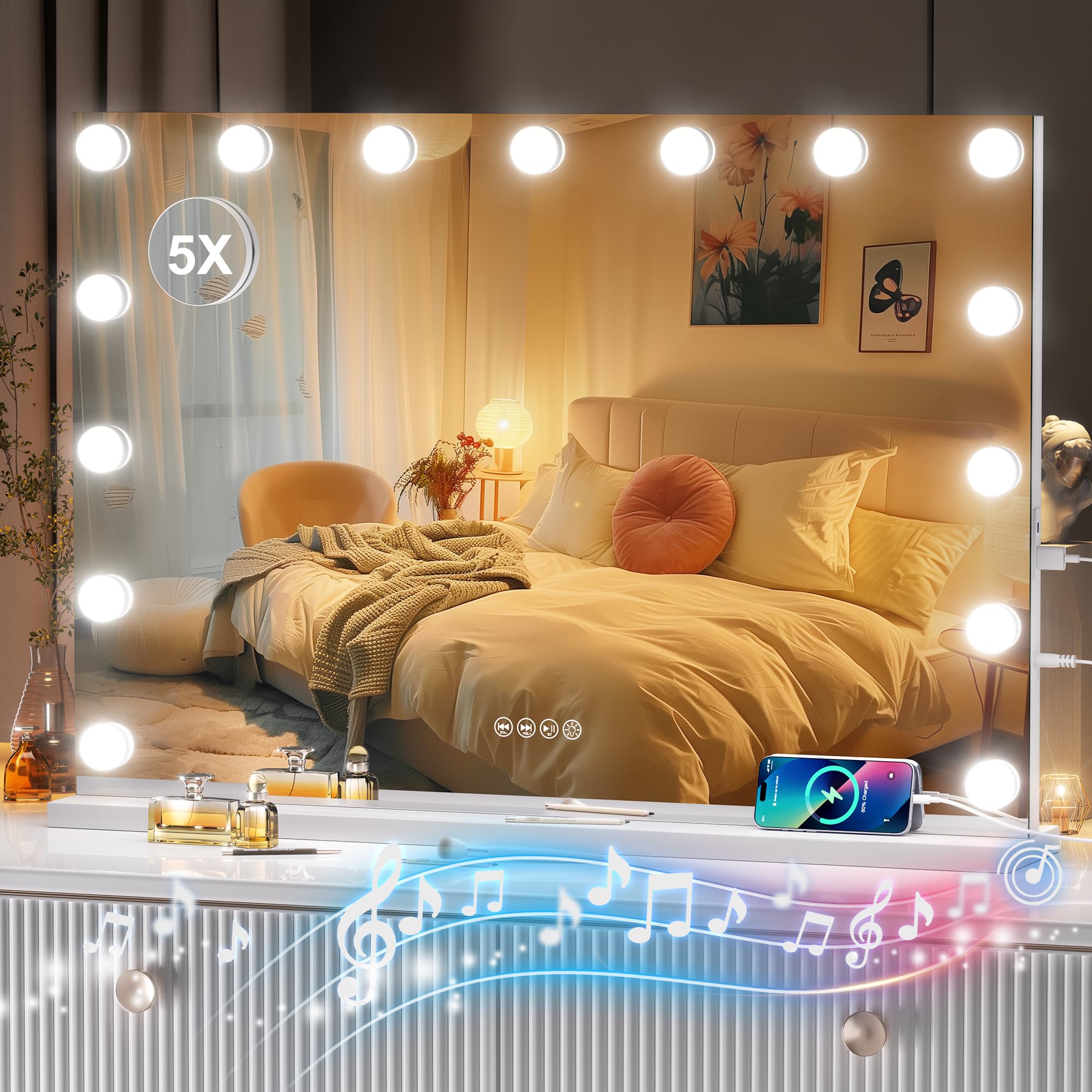 Ouboyo Vanity Mirror With Lights And Bluetooth Speaker, 32'' X 22'' Hollywood Makeup Mirror With 15 Dimmable Bulbs And 5X Magnif