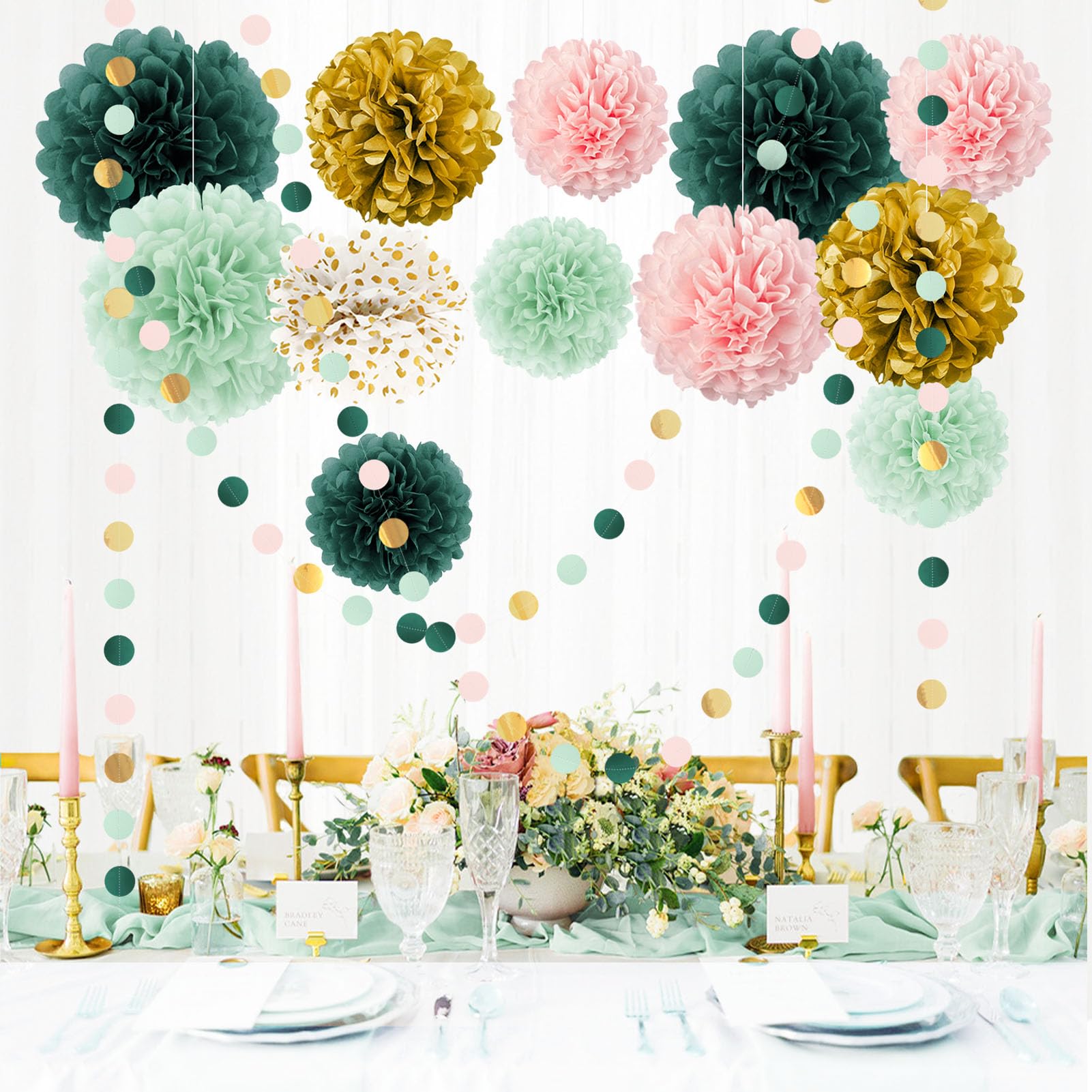 AOBKIAT Wedding Birthday Party Decorations Set 15PCS Sage Green Pink Tissue Paper Pompoms Circle Dots Paper Garland String Hanging Backdrop for Baby Shower  Boho Bridal Wedding Theme Decor