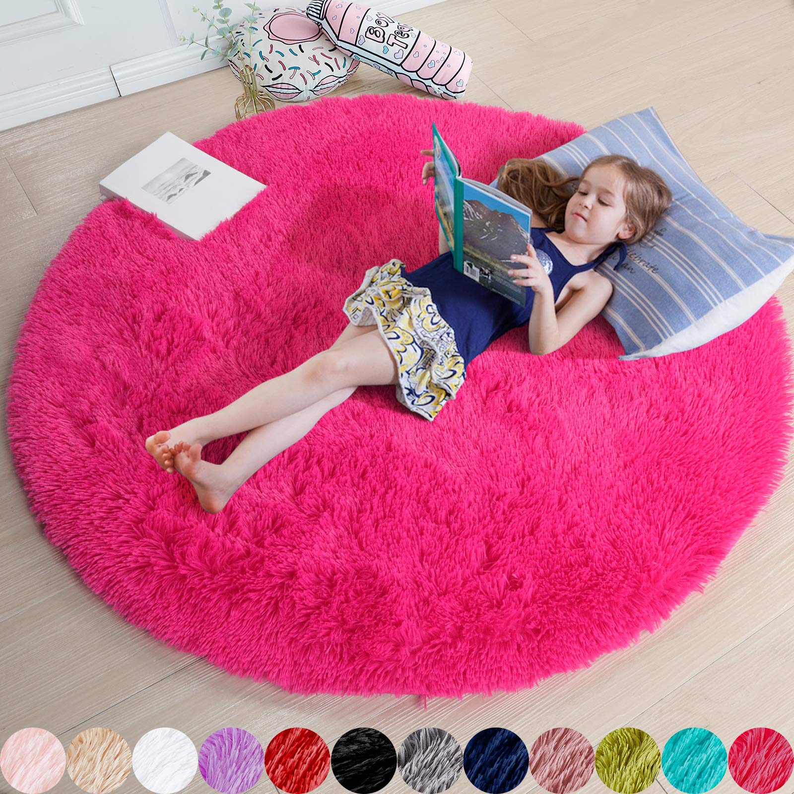Hot Pink Round Circle Rug 6Ft for Girls Bedroom, Big Fluffy Area Rugs for Kids Room Decor Aesthetic, Shag Plush Fuzzy Furry Carp