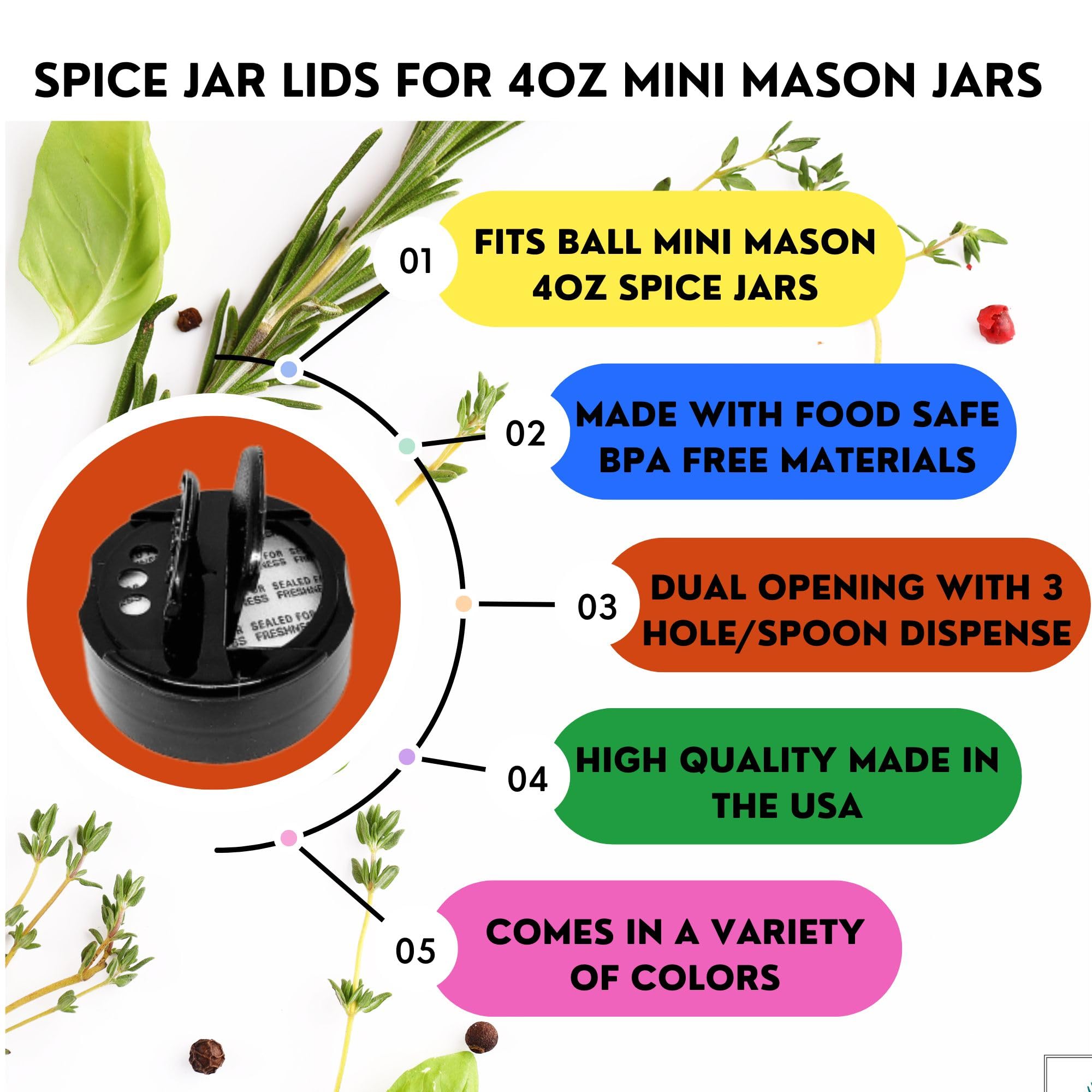 Jarming Collections 4 Oz Miniature Storage Jar Spice Lids - Plastic Pour & Shaker Lids For Miniature Storage Jars - Fits 4 Oz Mi