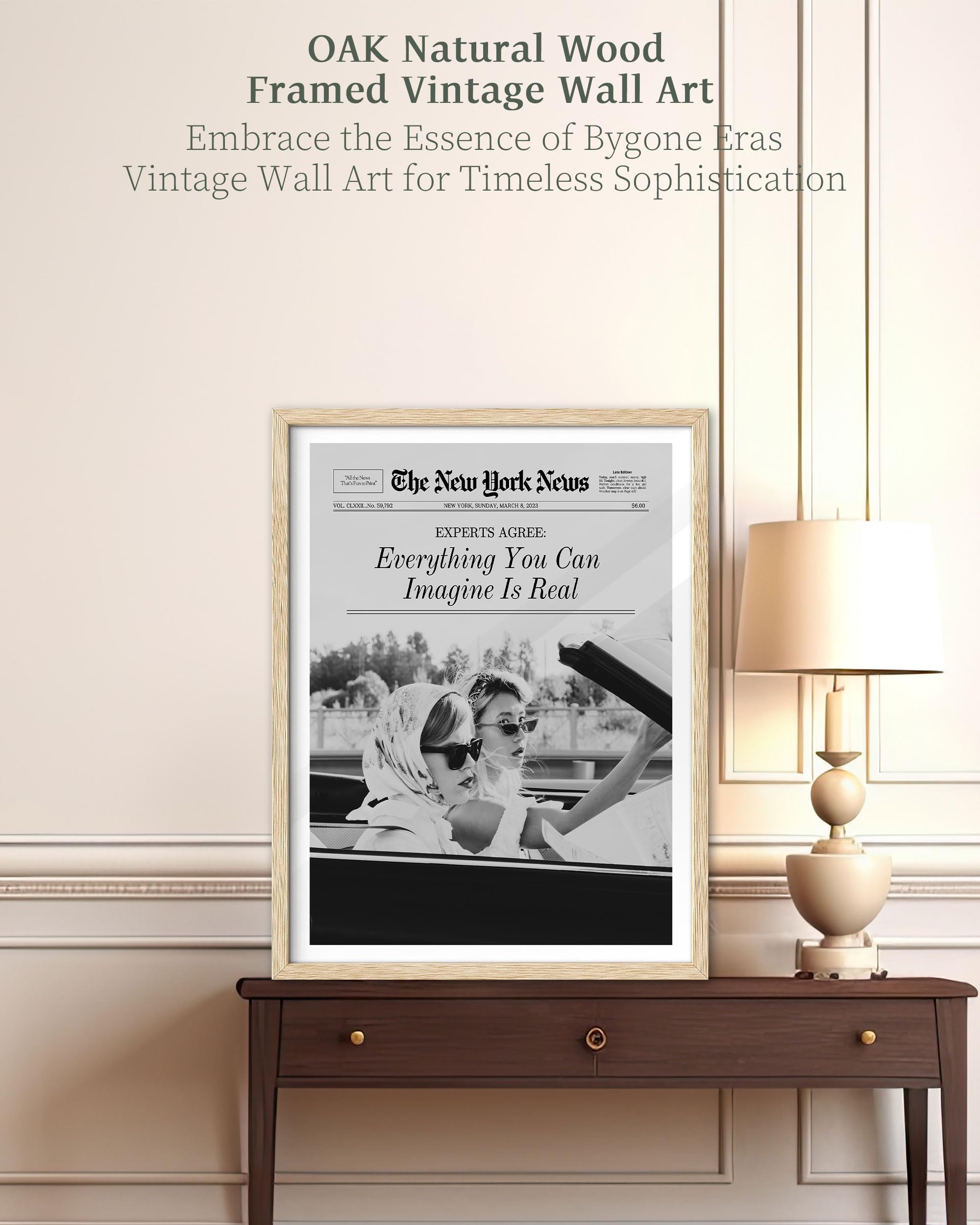 Ihery Everything You Can Imagine Is Real Framed Trendy Newspaper Wall Art, Natural Oak Wood 12X16In Canvas Wall Art Decor For Be
