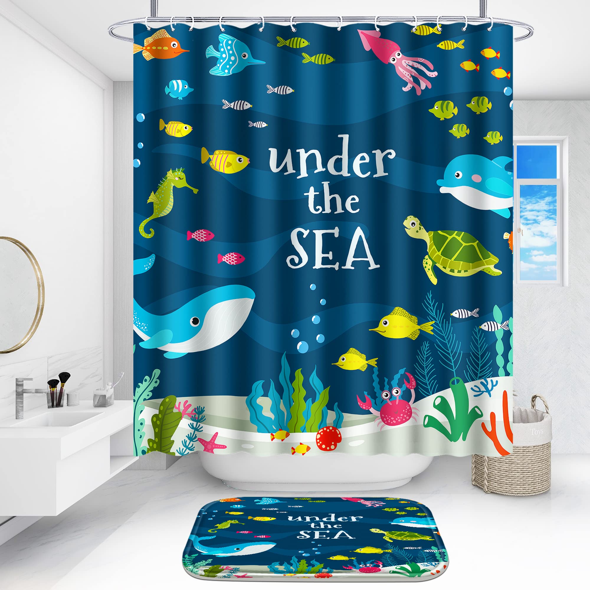 Poedist 4 Pcs Bathroom Shower Curtain Sets,Kid'S Shower Curtain Sets With Rugs(Bath Mat,U Shape And Toilet Lid Cover Mat) And 12