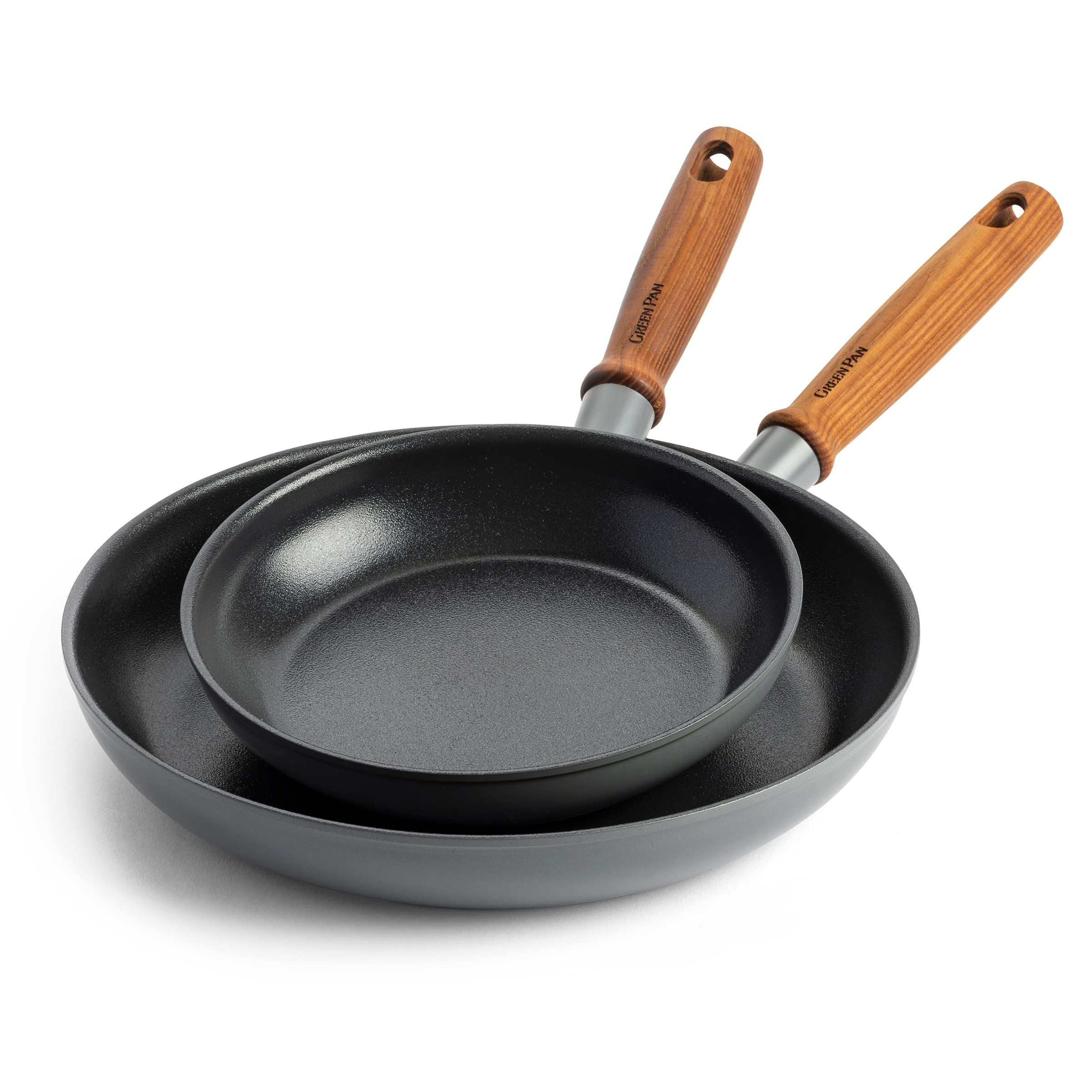 GreenPan Mayflower Pro Hard Anodized Healthy Ceramic Nonstick 2Piece Frying Pan Set, 20 cm and 28 cm, Vintage Wood Handle, PFAS