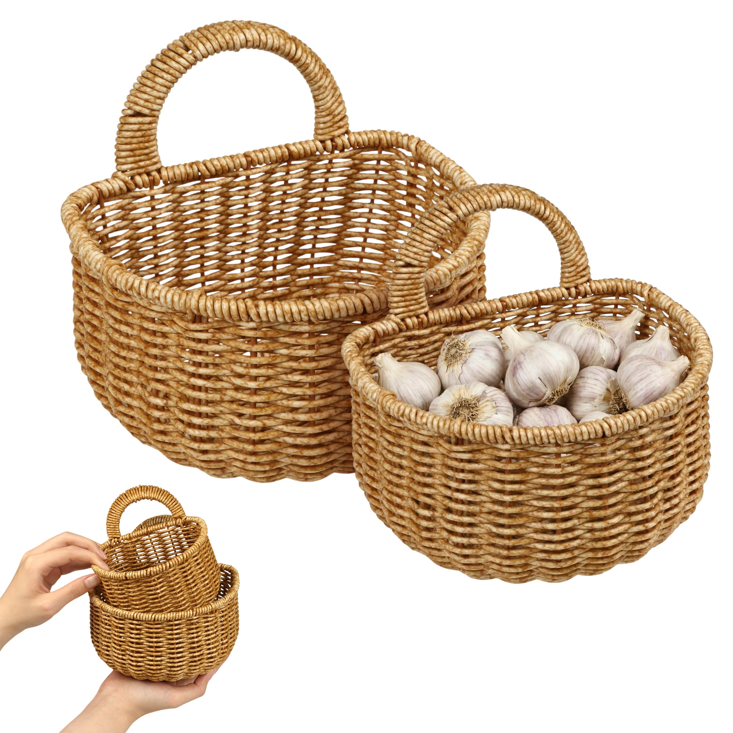 2 Pack Hanging Onion Rattan Basket  Wall Hand Woven Storage with Handle, Small Washable Decorative Organizer, Household Home Ki