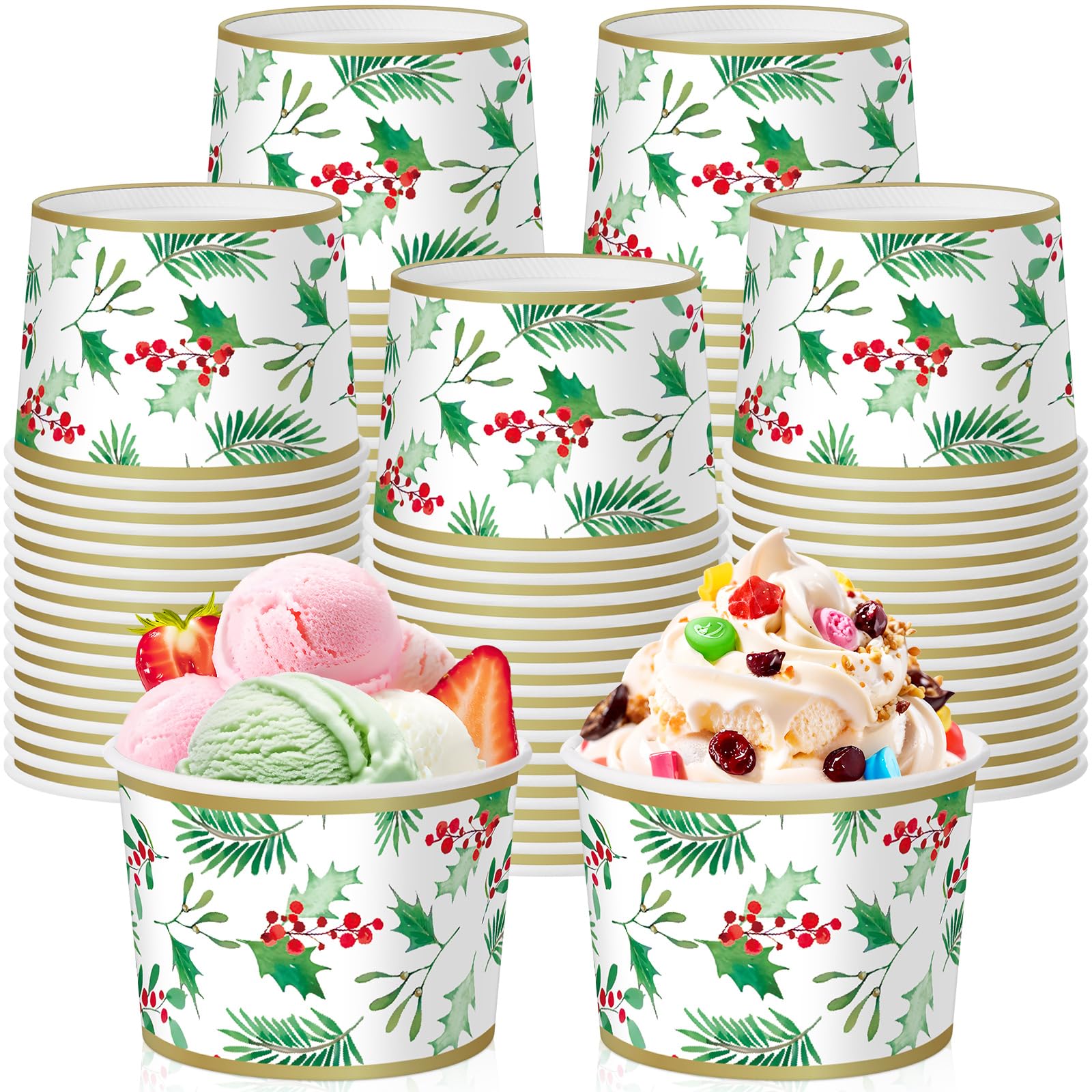 Sabary 60 Pcs 9 oz Christmas Paper Bowls Disposable Thanksgiving Snack Dessert Paper Cup Green Holly Leaf Cups Christmas Holiday