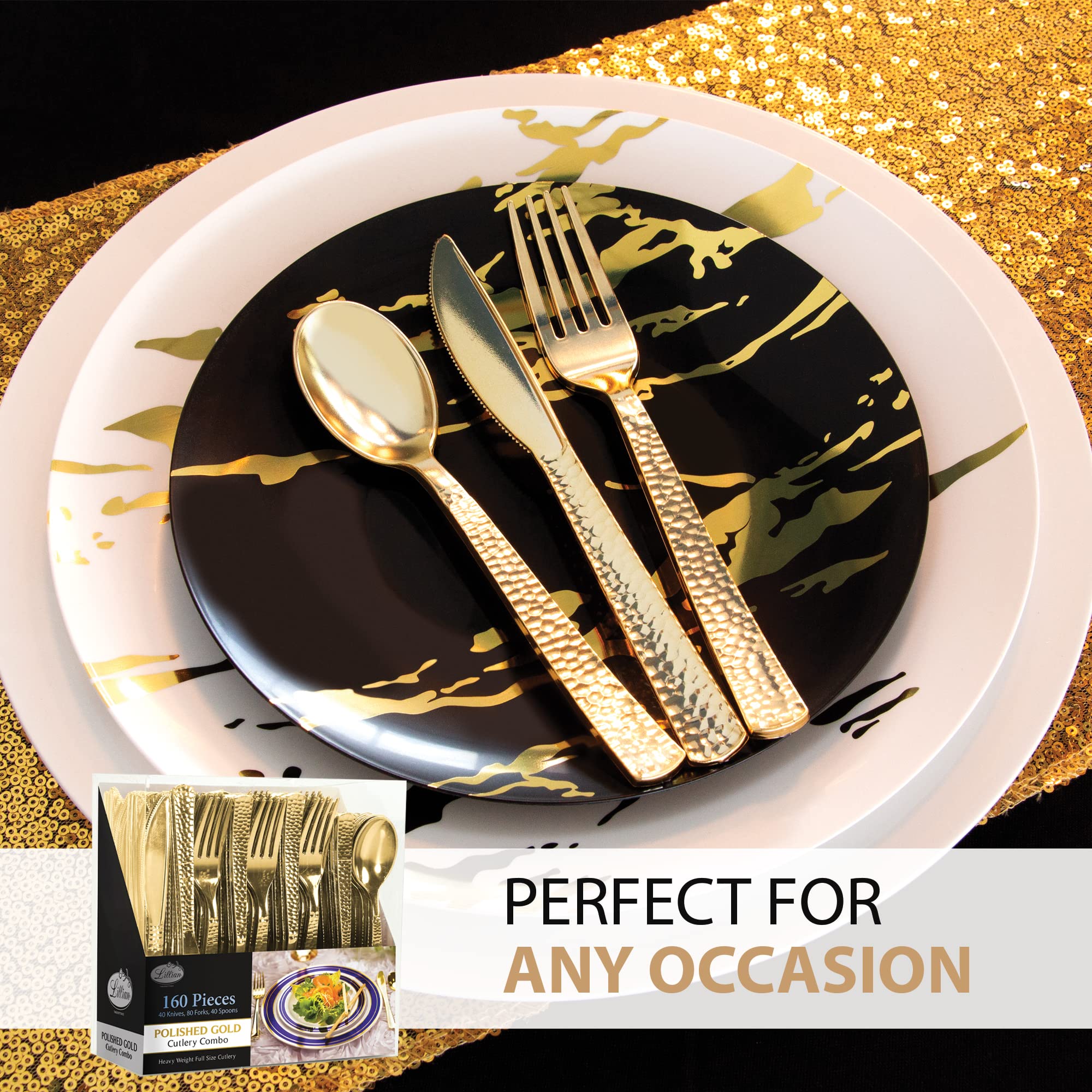 Plastic Cutlery Silverware Extra Heavyweight Disposable Flatware, Full Size Cutlery Combo, Gold Pebbled, 80 Forks, 40 Spoons, 40