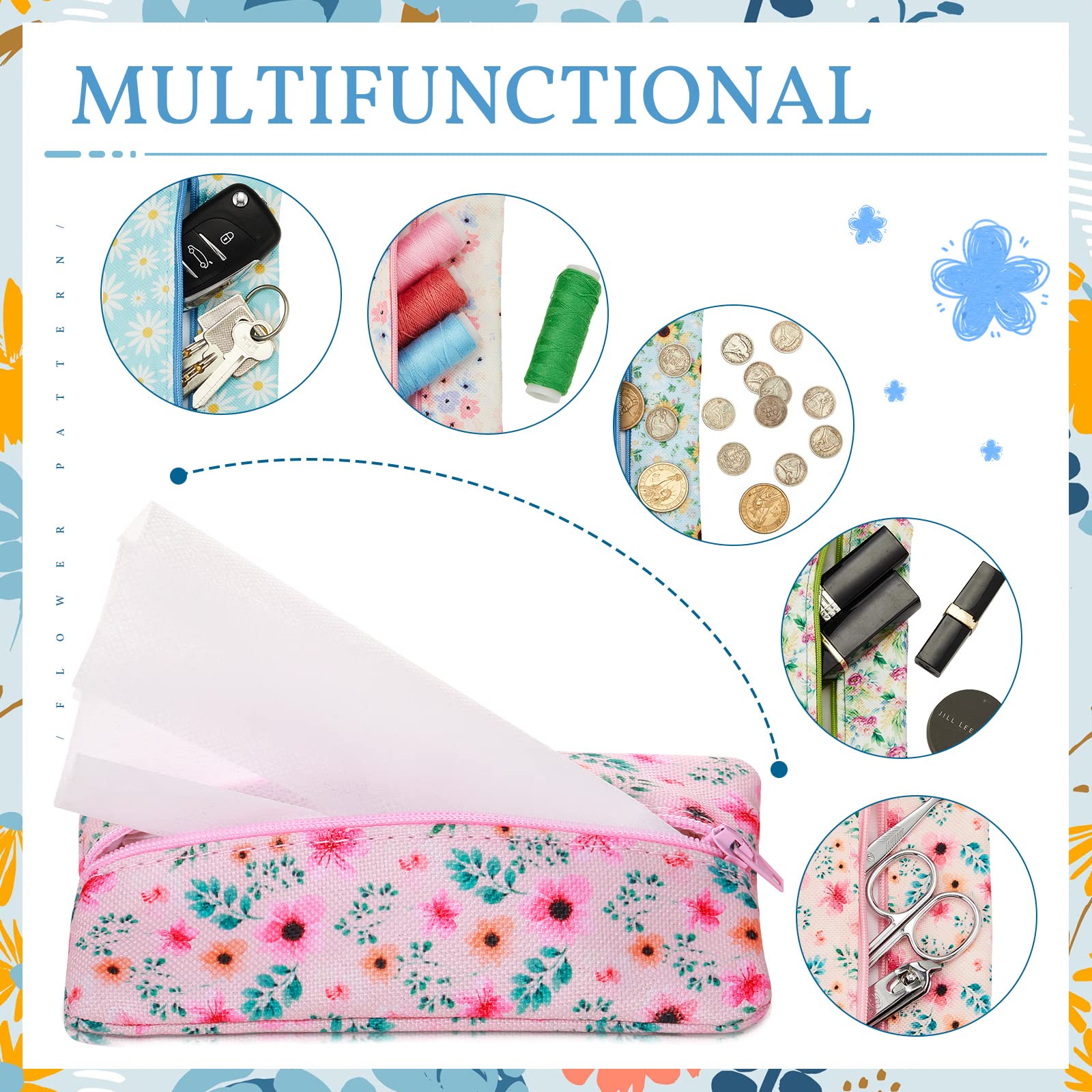5 Pieces Tissues Purse Pocket Tissue Holder Reusable Travel Tissue Pouch Fabric Zipper Enclosed Small Size Daisy Pattern Tissue Holder for Purse Coins for Summer  5.25 x 3 Inches (Summer Flower)