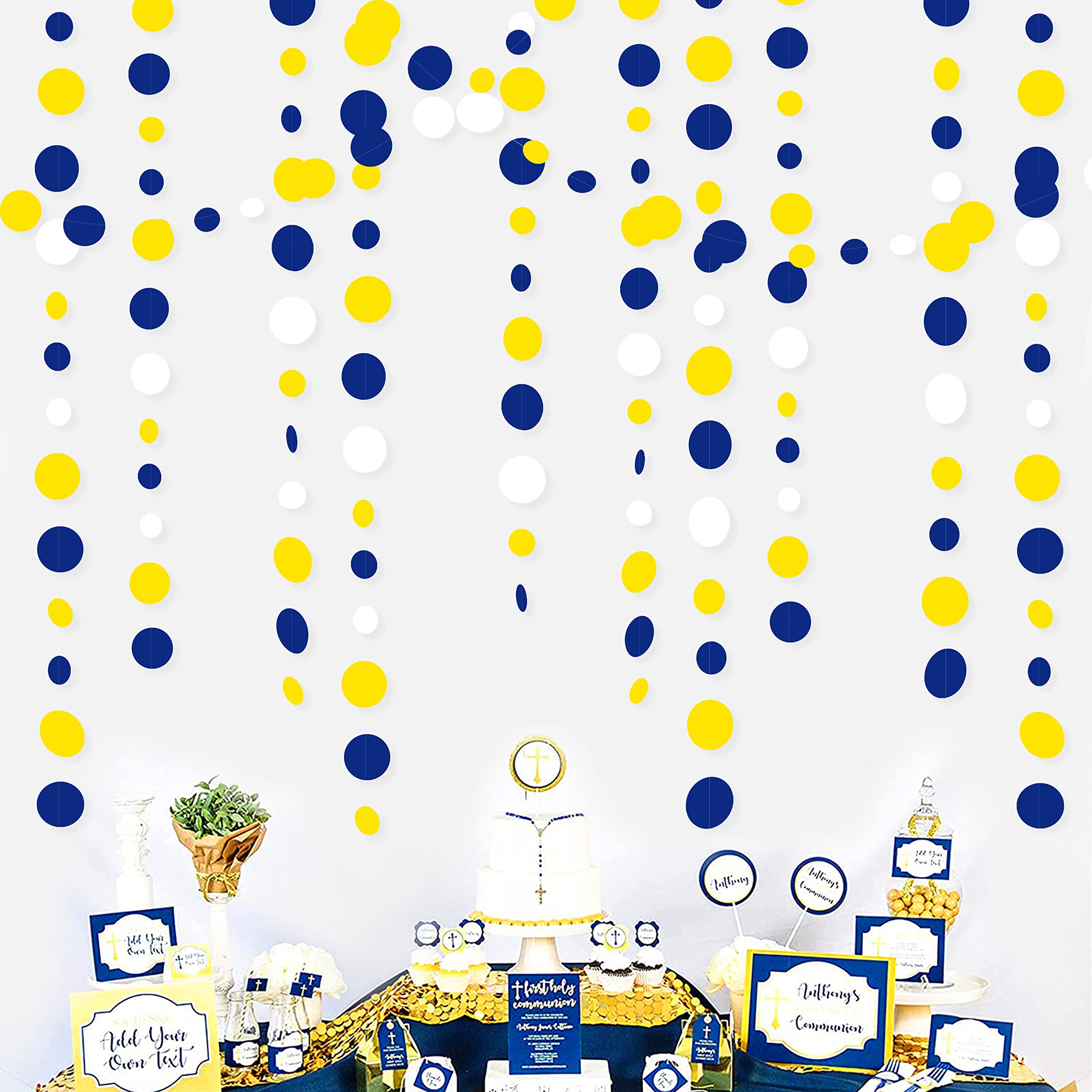46Ft Navy Blue And Yellow Circle Dots Garland Royal Blue Yellow White Hanging Paper Polka Dot Streamer For Graduation Birthday W