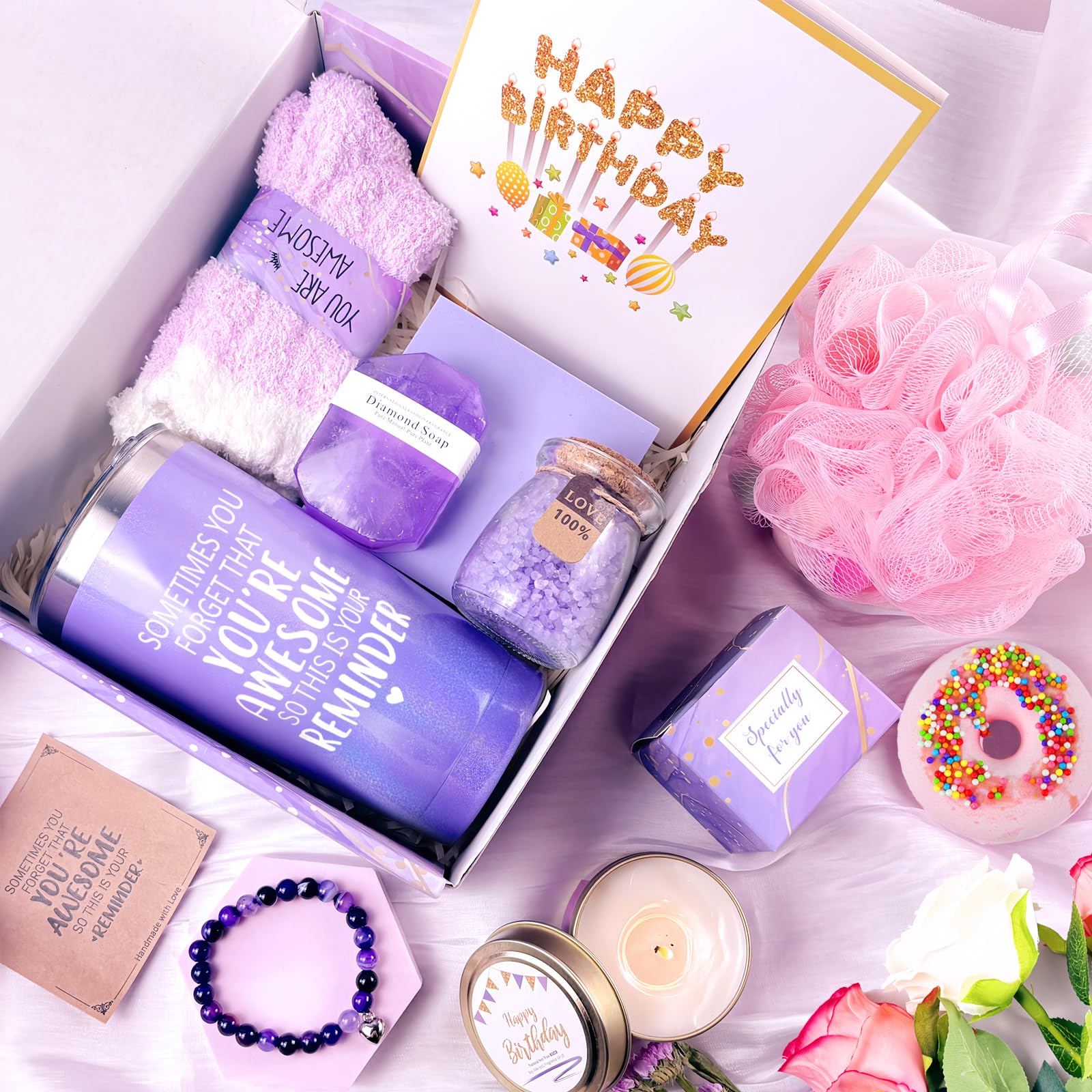 Birthday Gifts for Women, Happy Birthday Relaxing Spa Gifts Basket for Women, Purple Gift Box Set for Mom Sister Female Friends