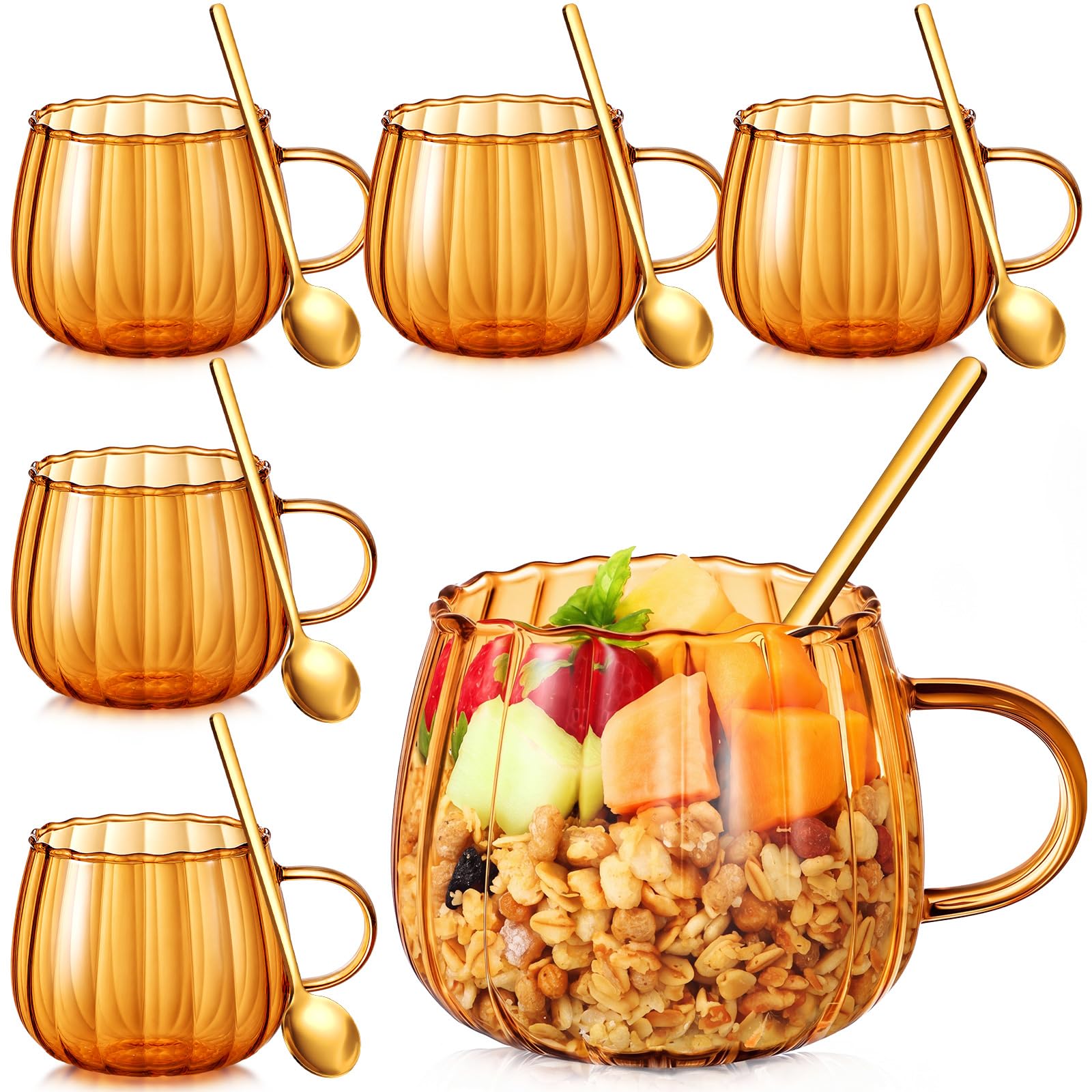 Layhit 6 Sets Pumpkin Shaped Glass Coffee Mugs with Spoons 13.5 oz Orange Tea Cups with Handle Mini Spoons for Fall Thanksgiving