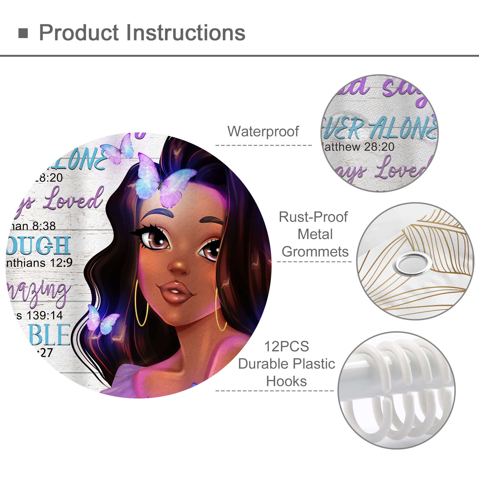 Omifly Black Girl Shower Curtain 60Wx72H Inch African American Woman Purple Butterfly Bible Verse Motivational Quote Scripture C