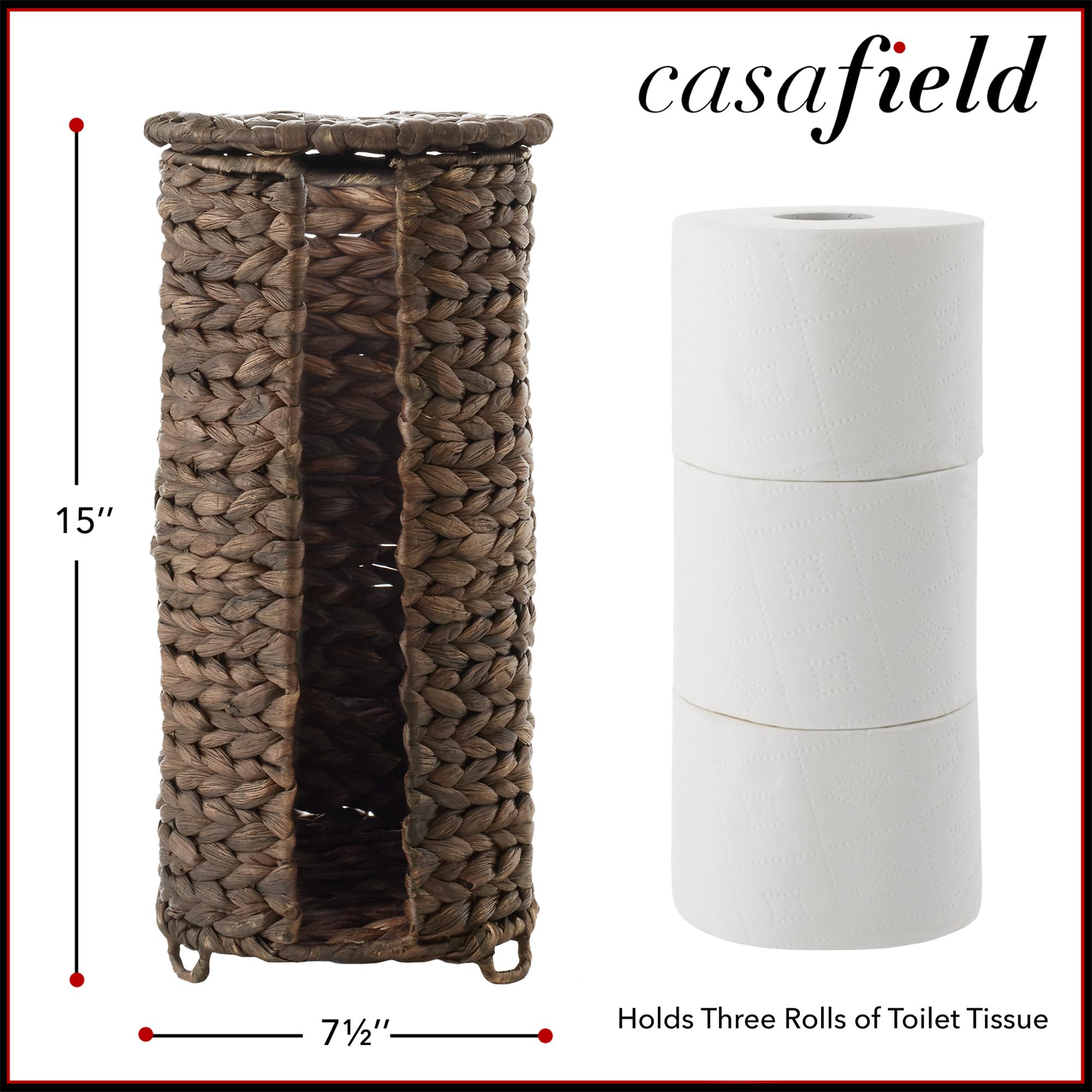 Casafield Free Standing Toilet Paper Storage Roll Holder with Lid - Espresso, Fits 3 Rolls, Water Hyacinth Bath Tissue Organizer