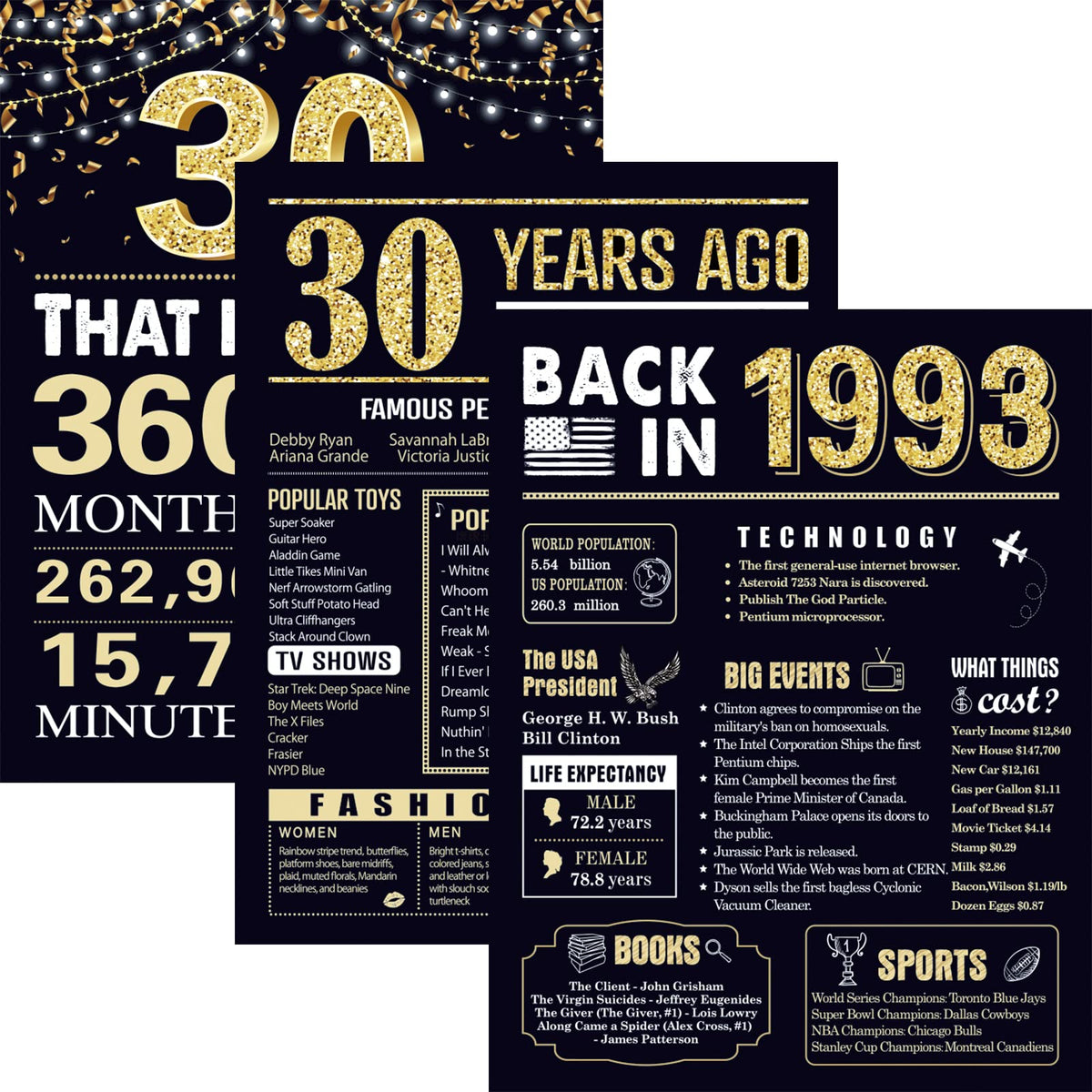 30 Years Ago 30Th Birthday Wedding Anniversary Poster 3 Pieces 11 X 14 90S Party Decorations Supplies Large Sign Home Decor Blac
