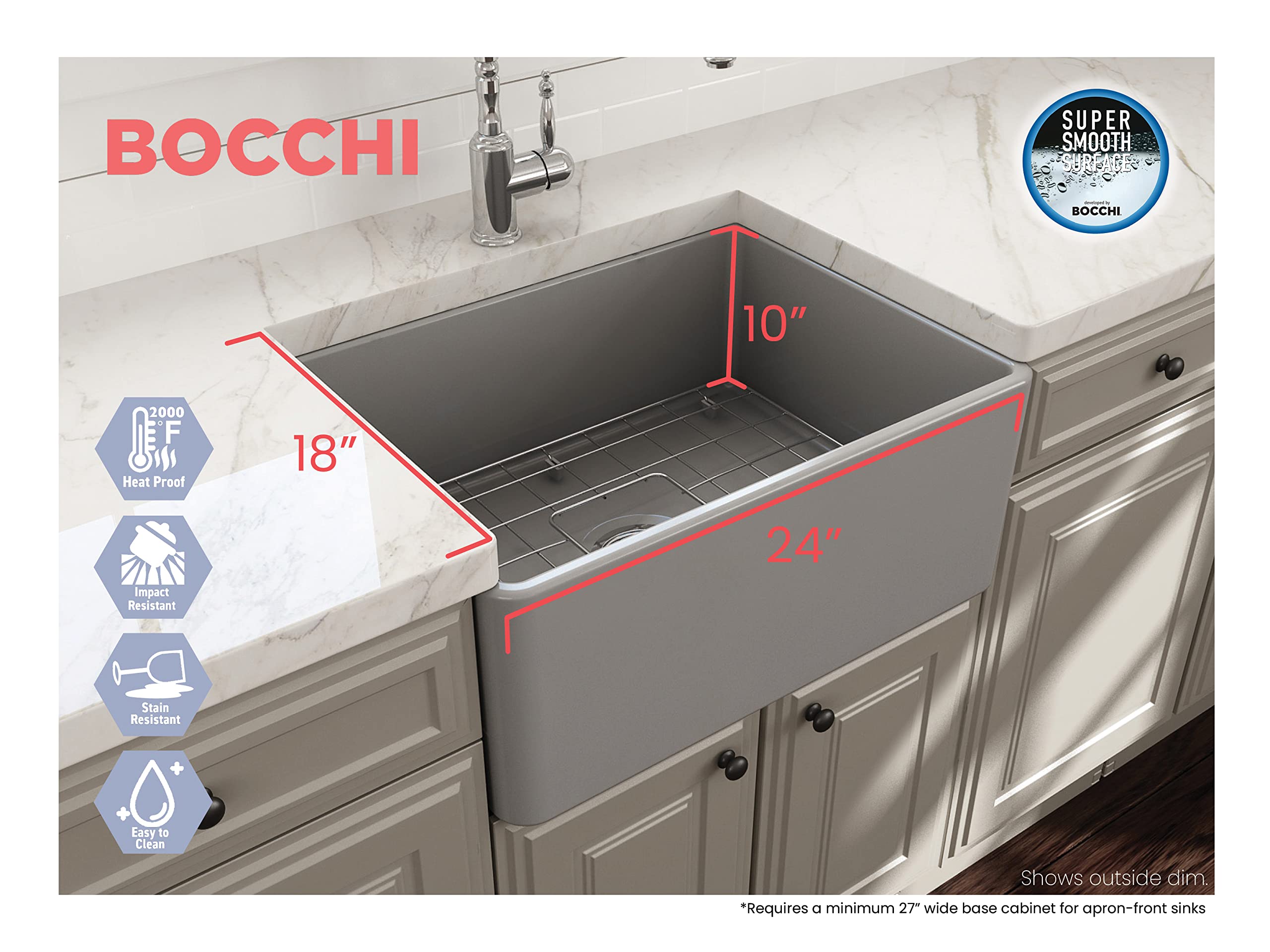 Bocchi Classico Farmhouse Apron Front Fireclay 24 In. Single Bowl Kitchen Sink With Protective Bottom Grid And Strainer In M.Gra