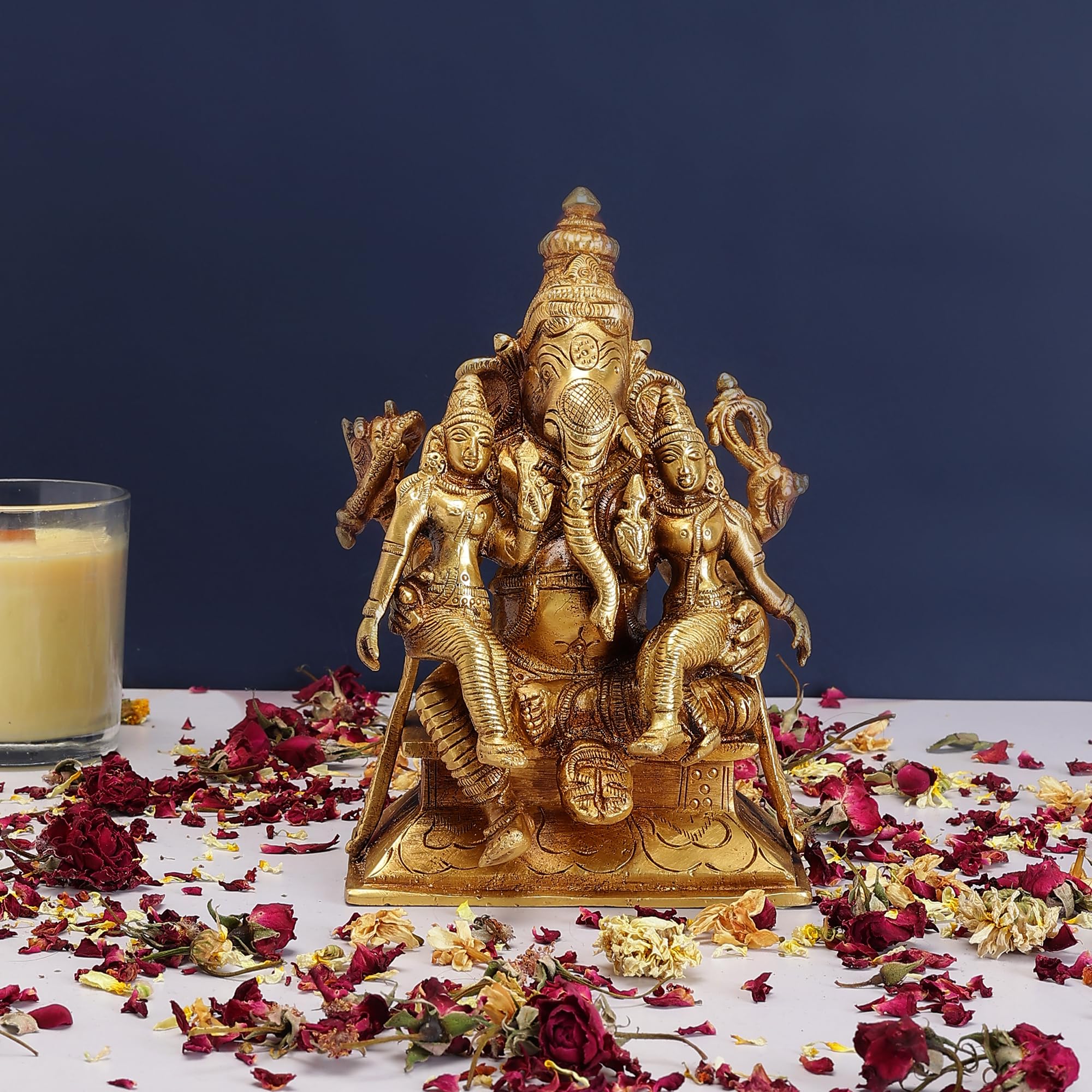 Try Feet Exquisite Divine Ganesh Statue With His Consorts Ridhi Sidhi, Traditional Hindu Religious Sculpture, Decorative Home Te