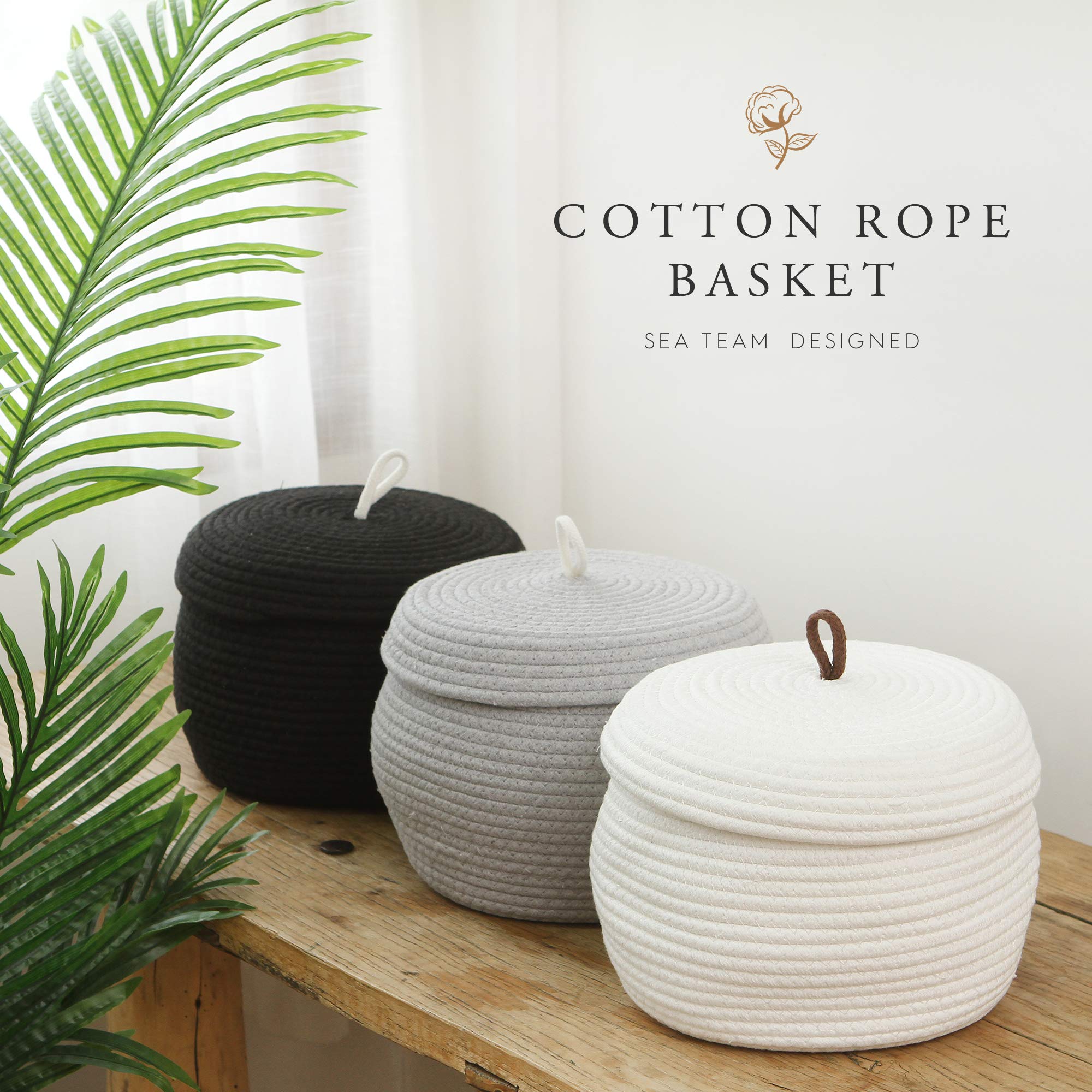 Sea Team Round Cotton Rope Storage Basket With Lid, Decorative Woven Storage Bin, Pot, Caddy, Organizer, Container For Snacks, T