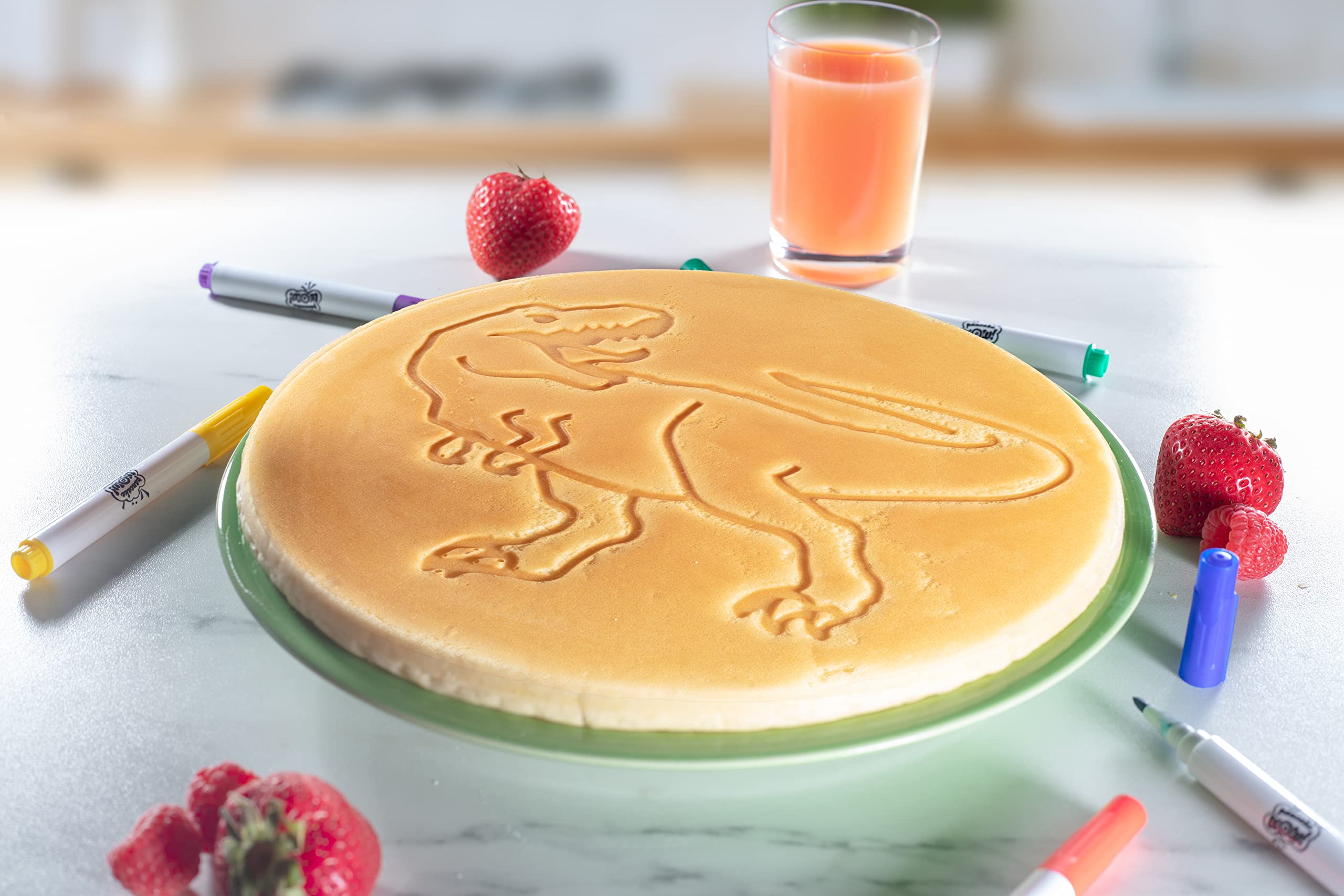 Jumbo Dinosaur Pancake Pan - Make Giant 10'' Jurassic Pancakes for Magical Kid's Dino Breakfast - Includes 6 Edible Markers For Added Family Fun - Non Stick Griddle  Cool Holiday Gift