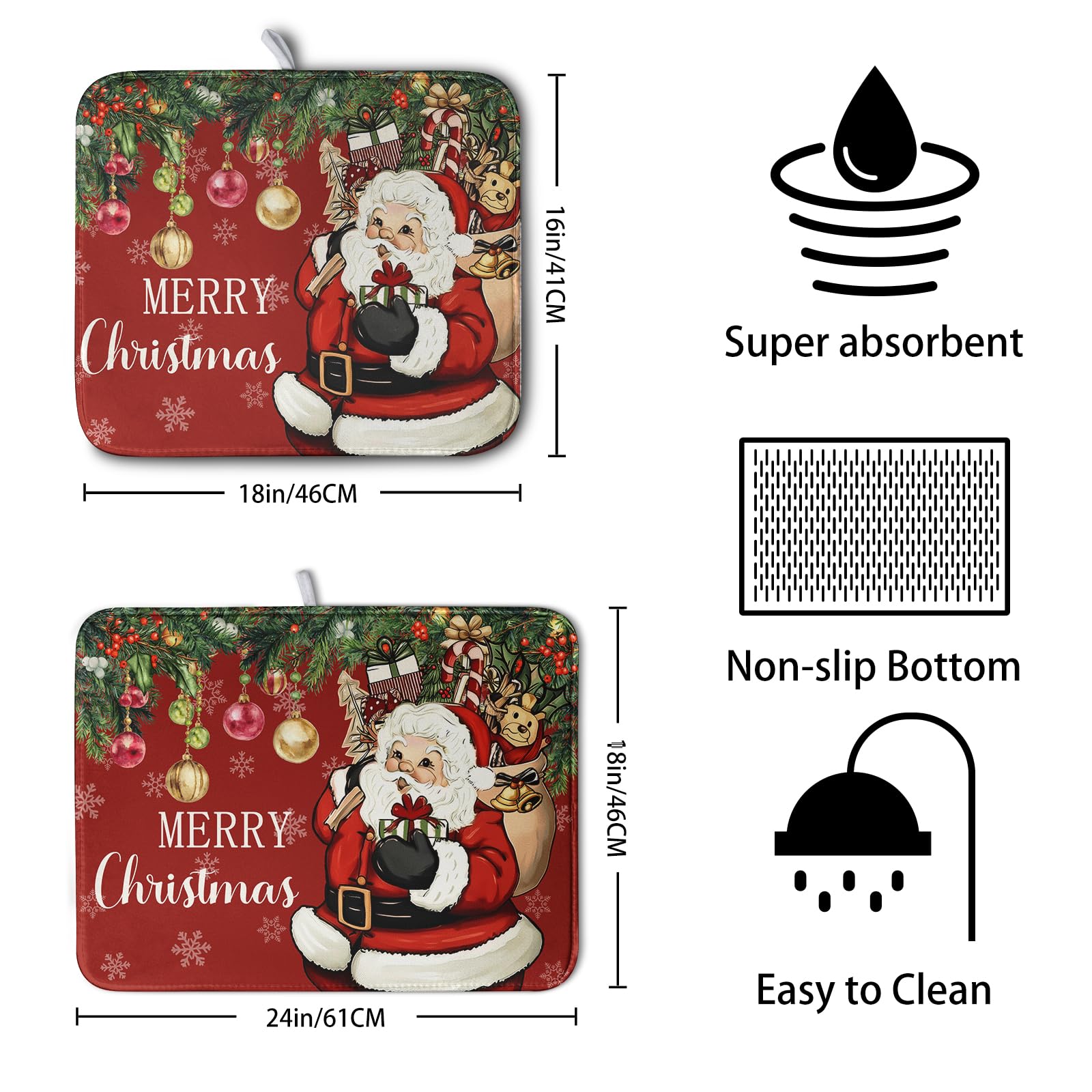Kwlegh Merry Christmas Dish Drying Mat Santa Claus Kitchen Drainer Mats Microfiber Absorbent Winter Xmas Holiday Dishes Pad Reus