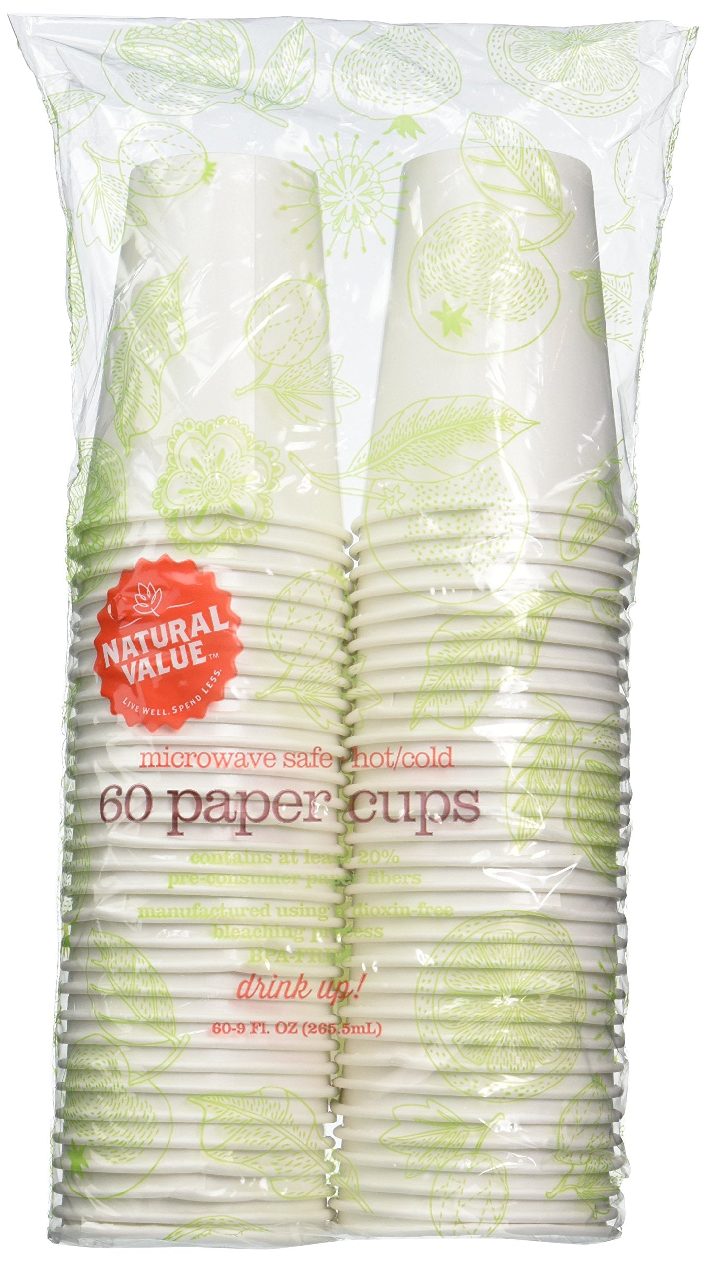 Natural Value Microwave Safe Paper Cups, 60 9-Ounce Cups (Pack Of 12)