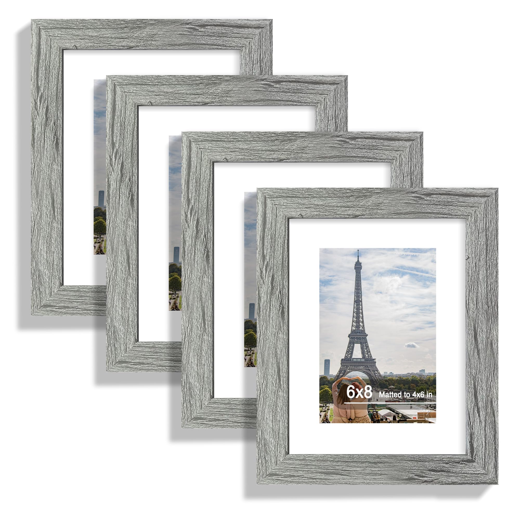Hongkee 6x8 Picture Frame Set of 4, Made of Real Glass and Grey Frame - Display Picture 4x6 with Mat or 6x8 Without Mat, 6 by 8 