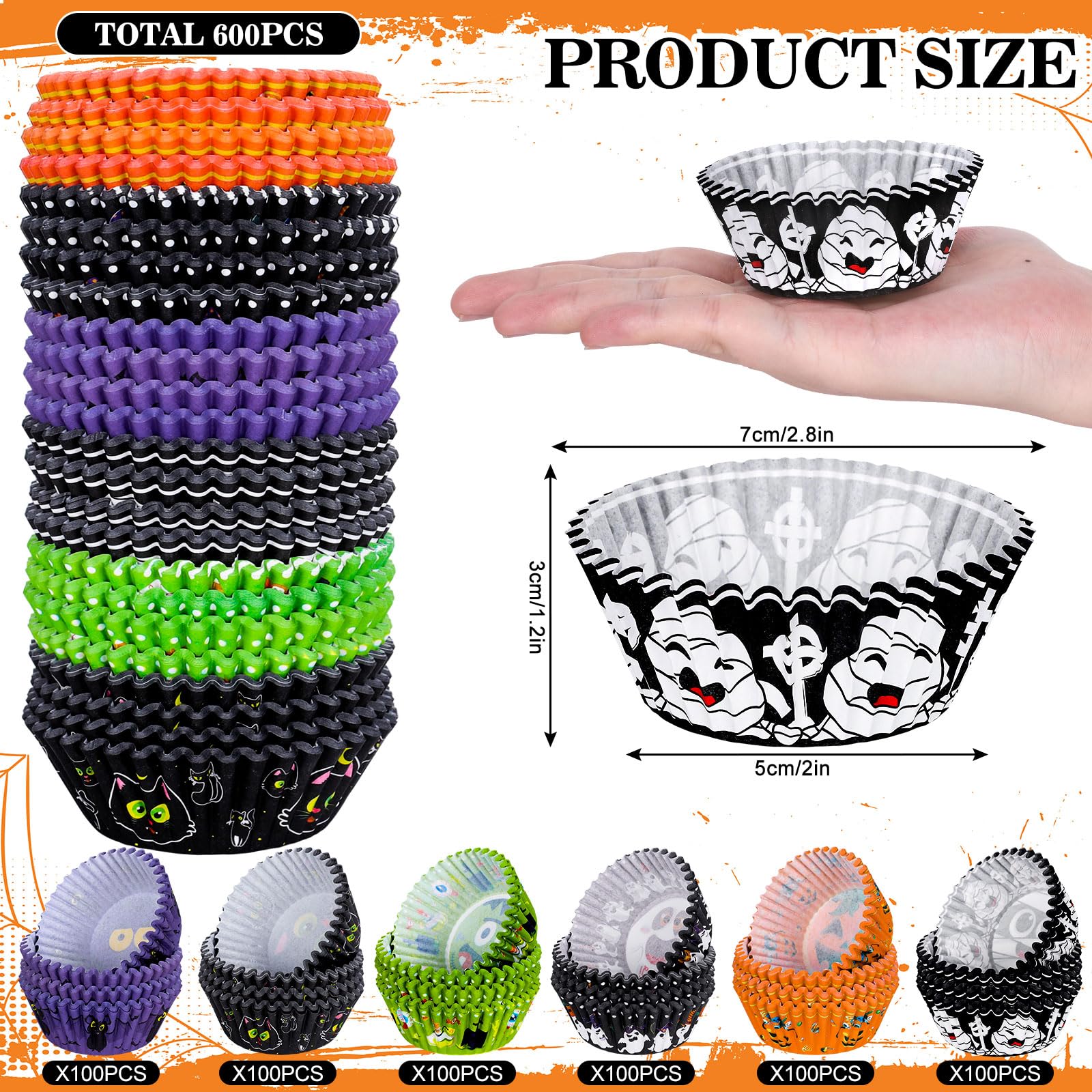 Anydesign 600Pcs Halloween Cupcake Liners Baking Cups Pumpkin Ghost Mummy Frankenstein Vampire Black Cat Pattern Cupcake Wrapper