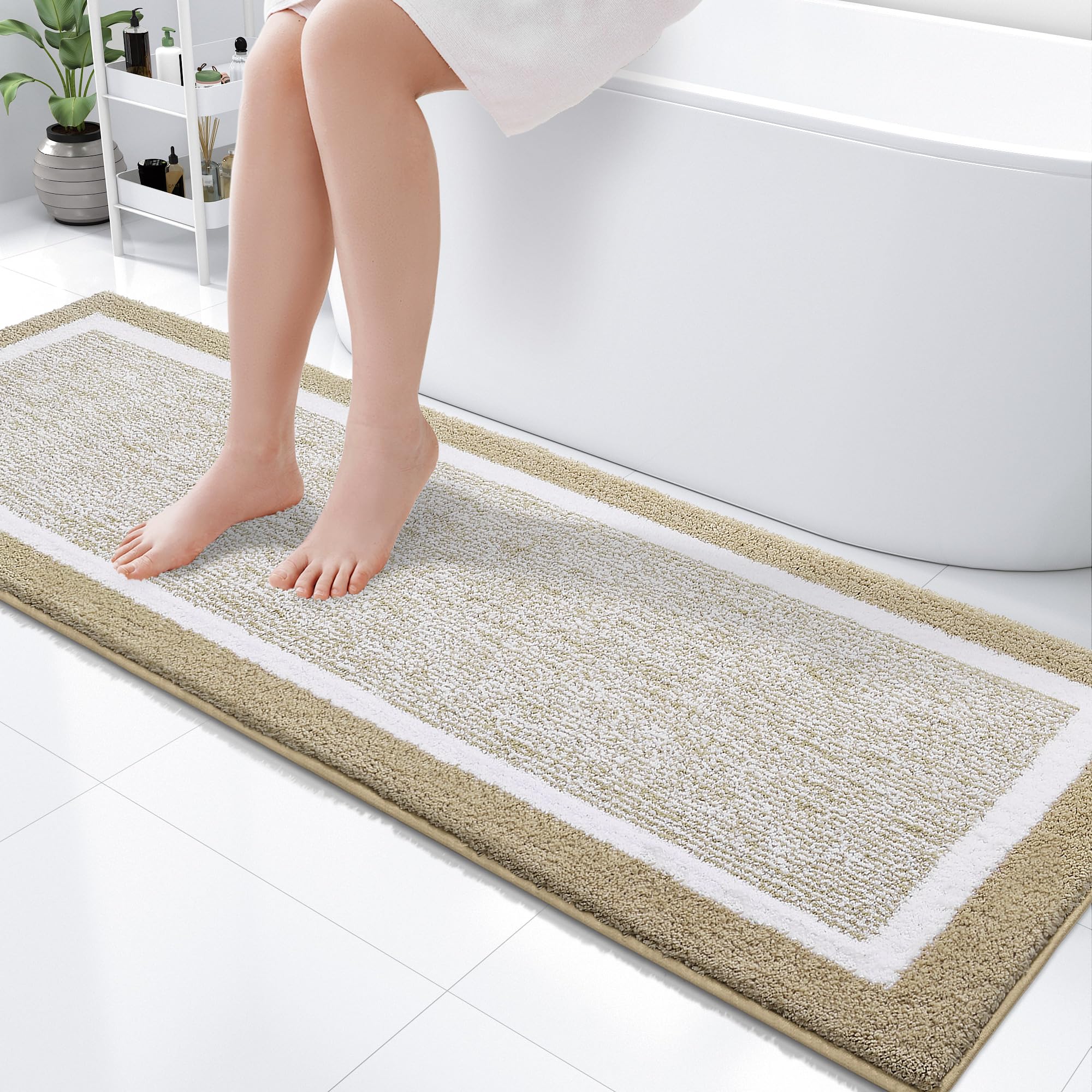 OLANLY Bathroom Rugs 59x20  Extra Soft and Absorbent Microfiber Bath Mat  Non-Slip  Machine Washable  Quick Dry Shaggy Bath Carpet  Suitable for Bathroom Floor  Tub  Shower (Beige and White)