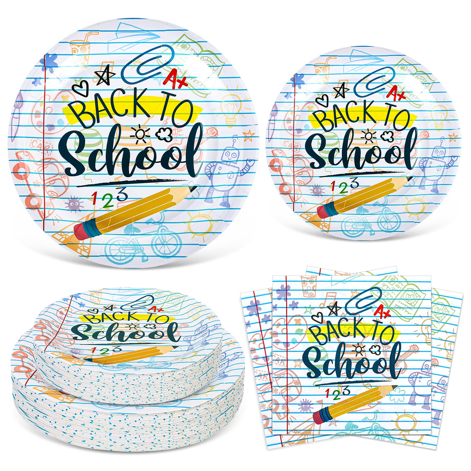 Whaline Back To School Tableware Set Homework Pencil Prints School Season Disposable Dinnerware Set 50Pcs Paper Plates 25Pcs Lun