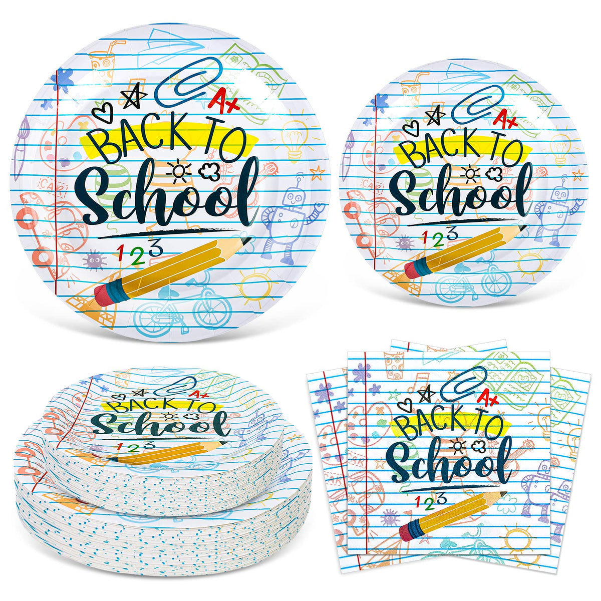 Whaline Back To School Tableware Set Homework Pencil Prints School Season Disposable Dinnerware Set 50Pcs Paper Plates 25Pcs Lun