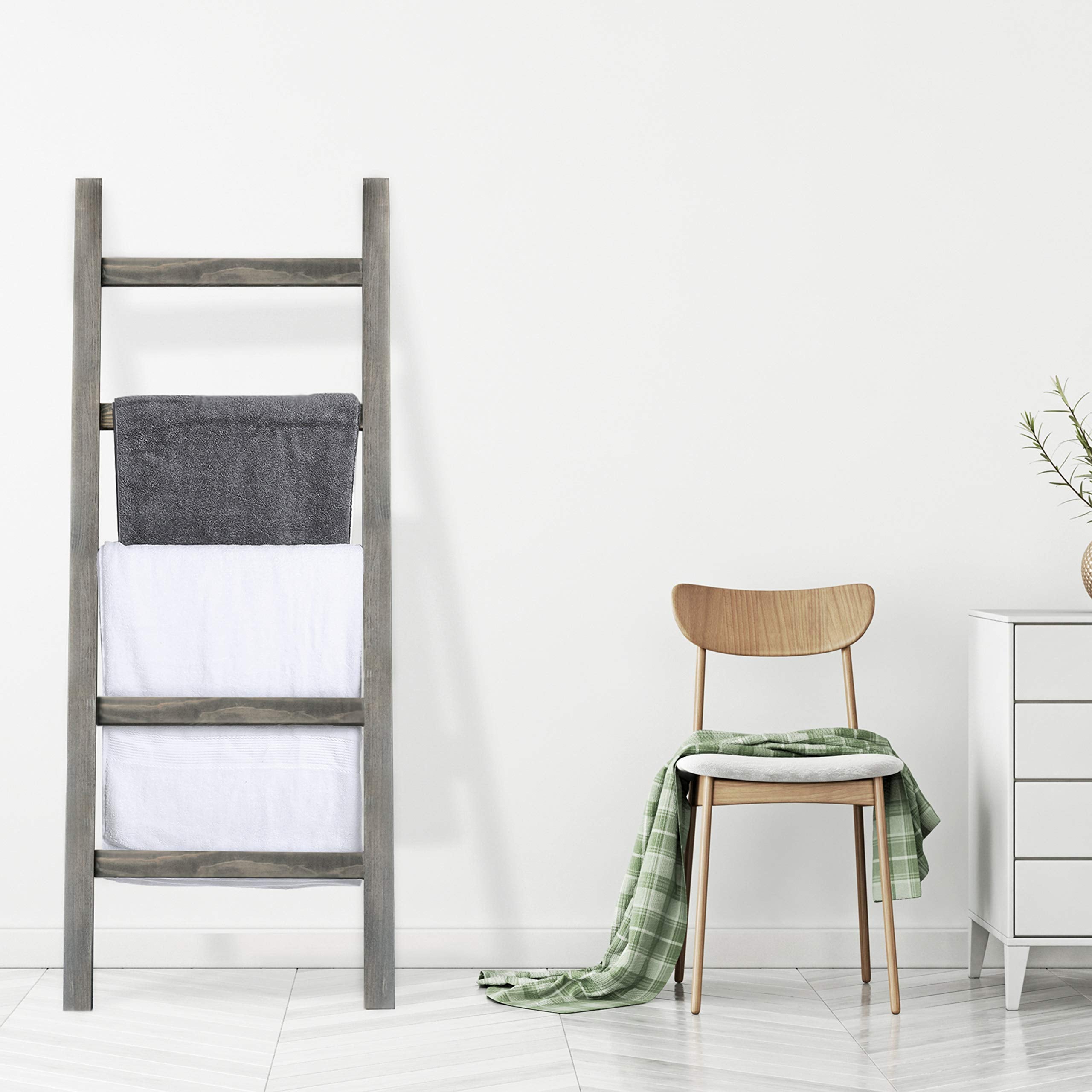 Mygift 54 Inch Tall Fully Assembled Wood Blanket Ladder, 5-Tier Wall Leaning Towel Rack, No Assembly, Gray