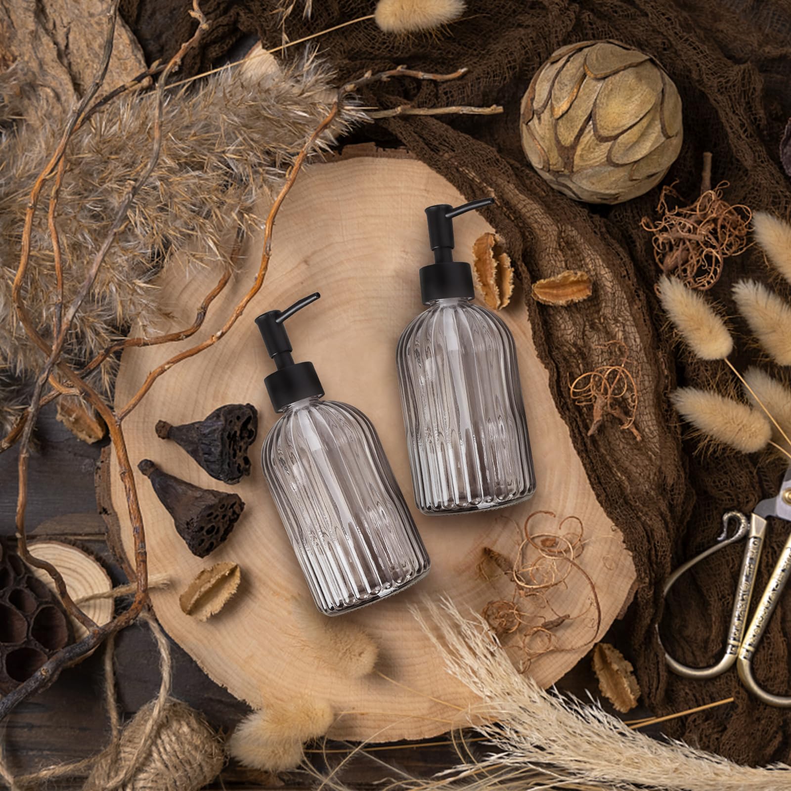 2 Pack 11Oz Glass Soap Dispenser With Plastic Pump, Vertical Stripe Design Refillable Hand Soap Dispenser For Hand Wash, Bathroo