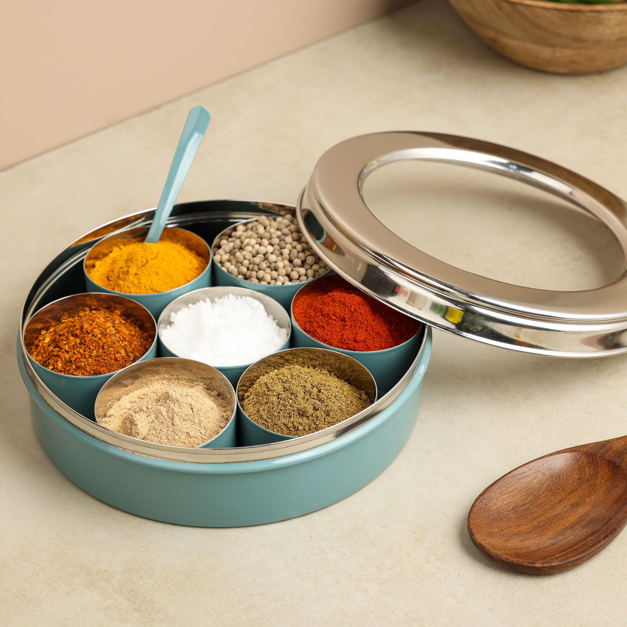 dudki Homes Stainless Steel Masala Dabba Masaladani | Spice Box For Kitchen | Masala Dani With See Through Lid With 7 Containers