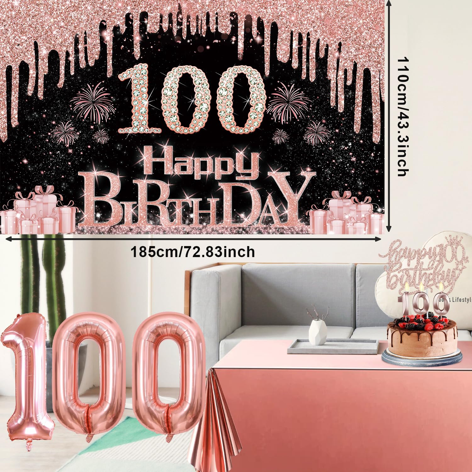 100Th Birthday Decorations For Women With Banner, Rose Gold Tablecloth, Number Balloons, 100Th Birthday Sash And Tiara, Cake Top