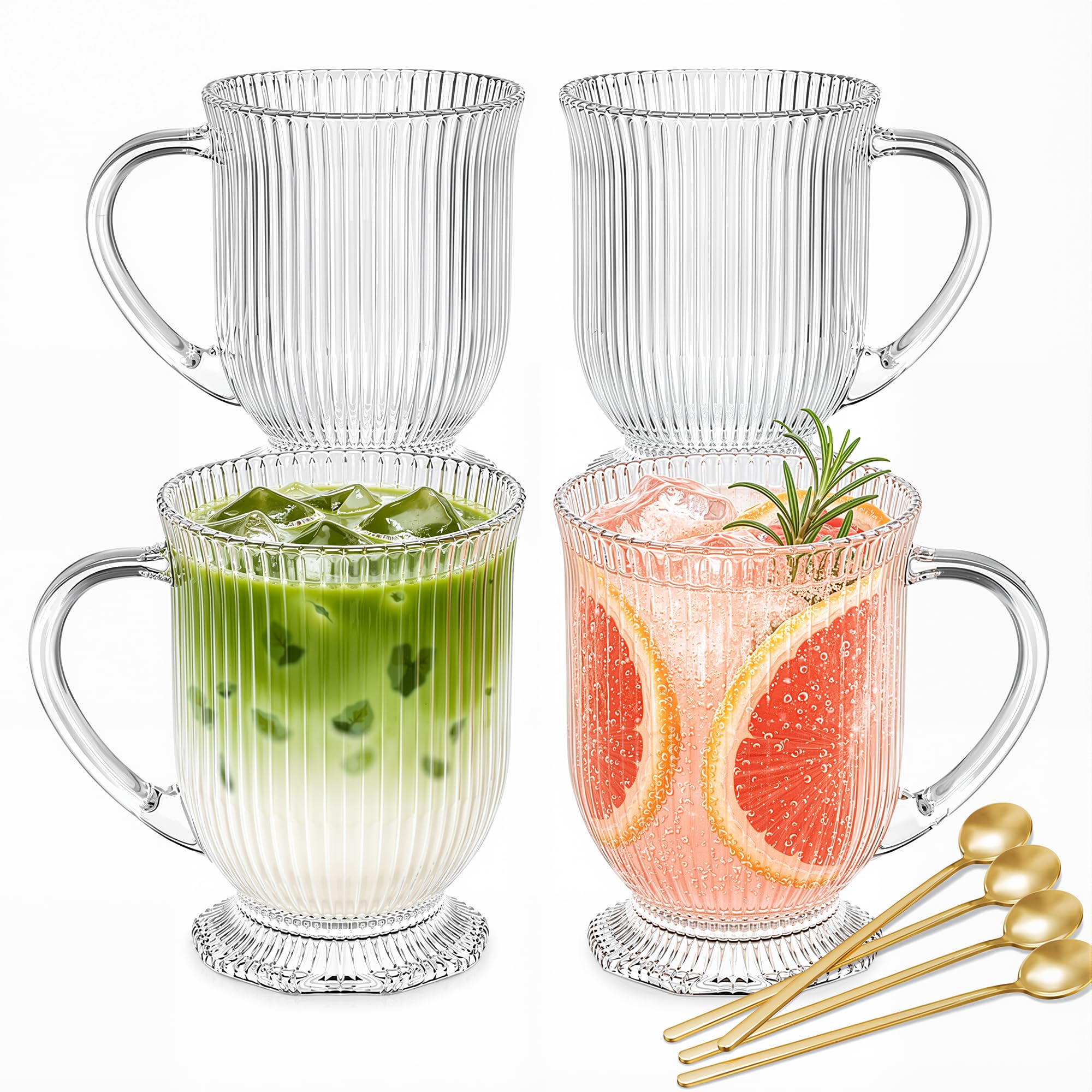 4Pack Glass Coffee Mugs, 16 oz Glass Coffee Cups with Handles and Spoons