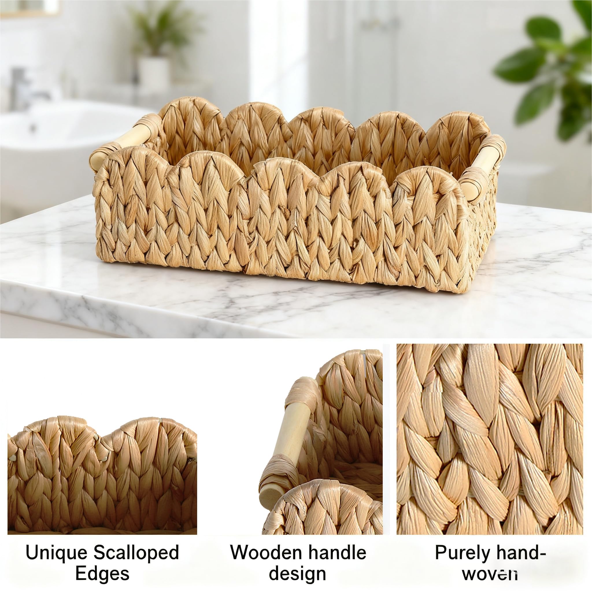 Quincry Scalloped Edge Organizer Basket for Toilet Tank Top with Wooden Handle, Wicker Storage Over Above Behind Toilet, Hand Wo