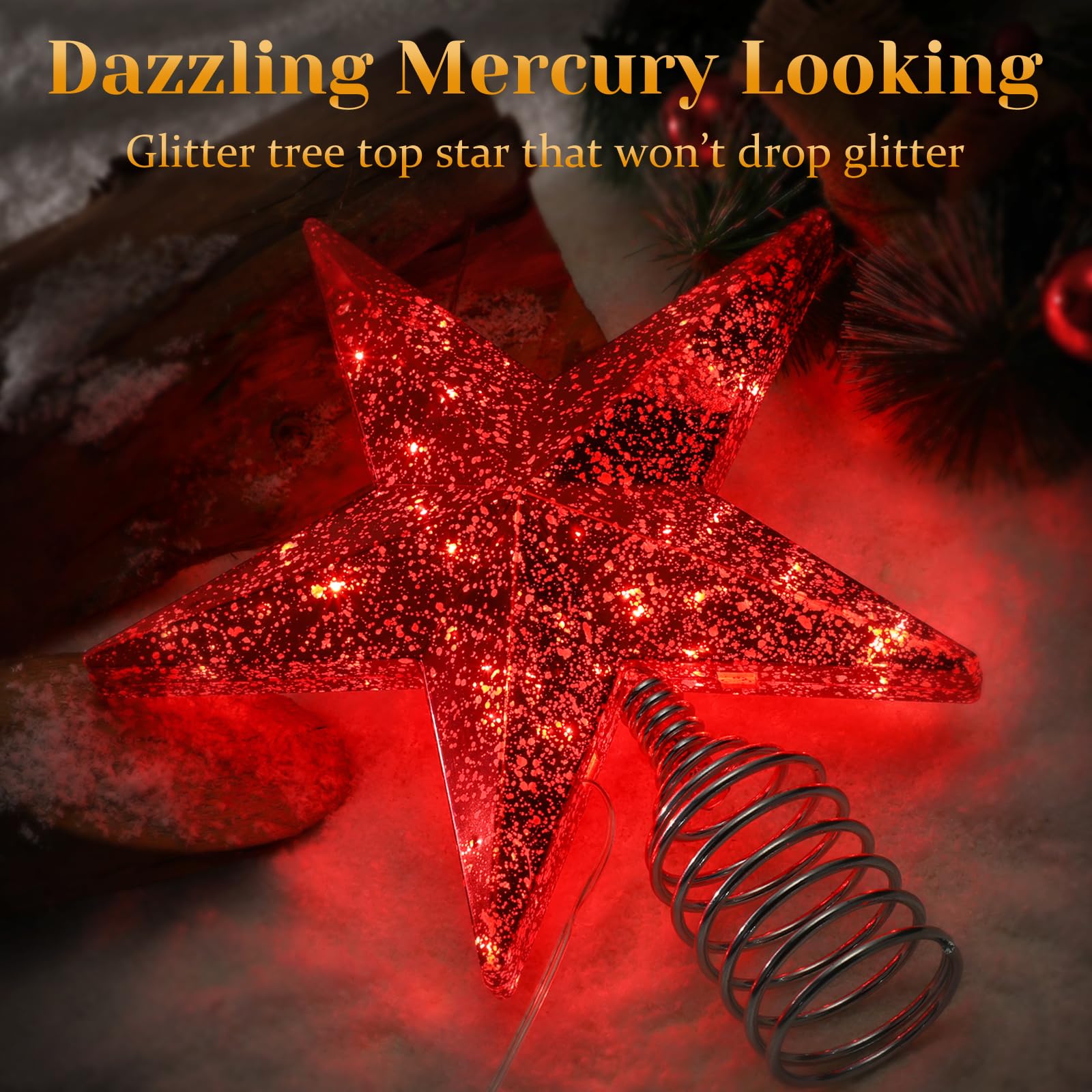 Red Christmas Tree Star Topper with Lights, 8.5-Inch Light-Up Christmas Tree Topper with Remote Control, 4 Brightness Levels & 8