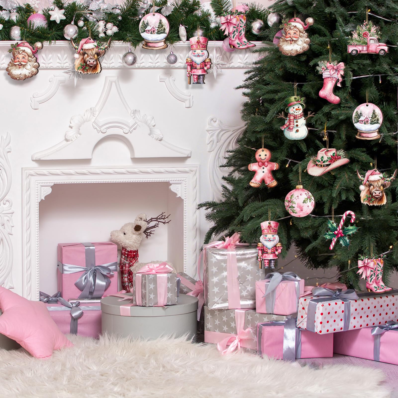 Huwena 36 Pcs Pink Christmas Ornaments Wooden Western Christmas Decorations for Tree Nutcracker Gingerbread Man Cowgirl Boots Ha