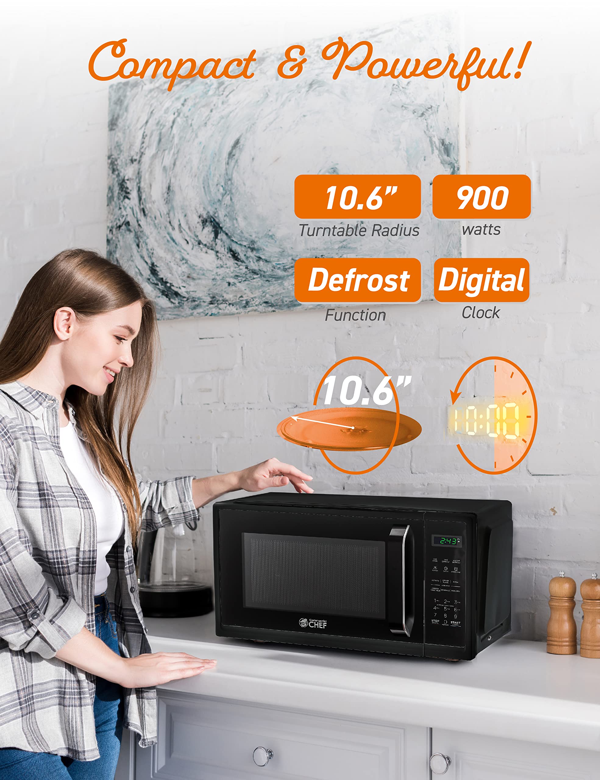 Commercial Chef 0.9 Cubic Foot Microwave With 10 Power Levels, Small Microwave With Grip Handle, 900W Countertop Microwave With
