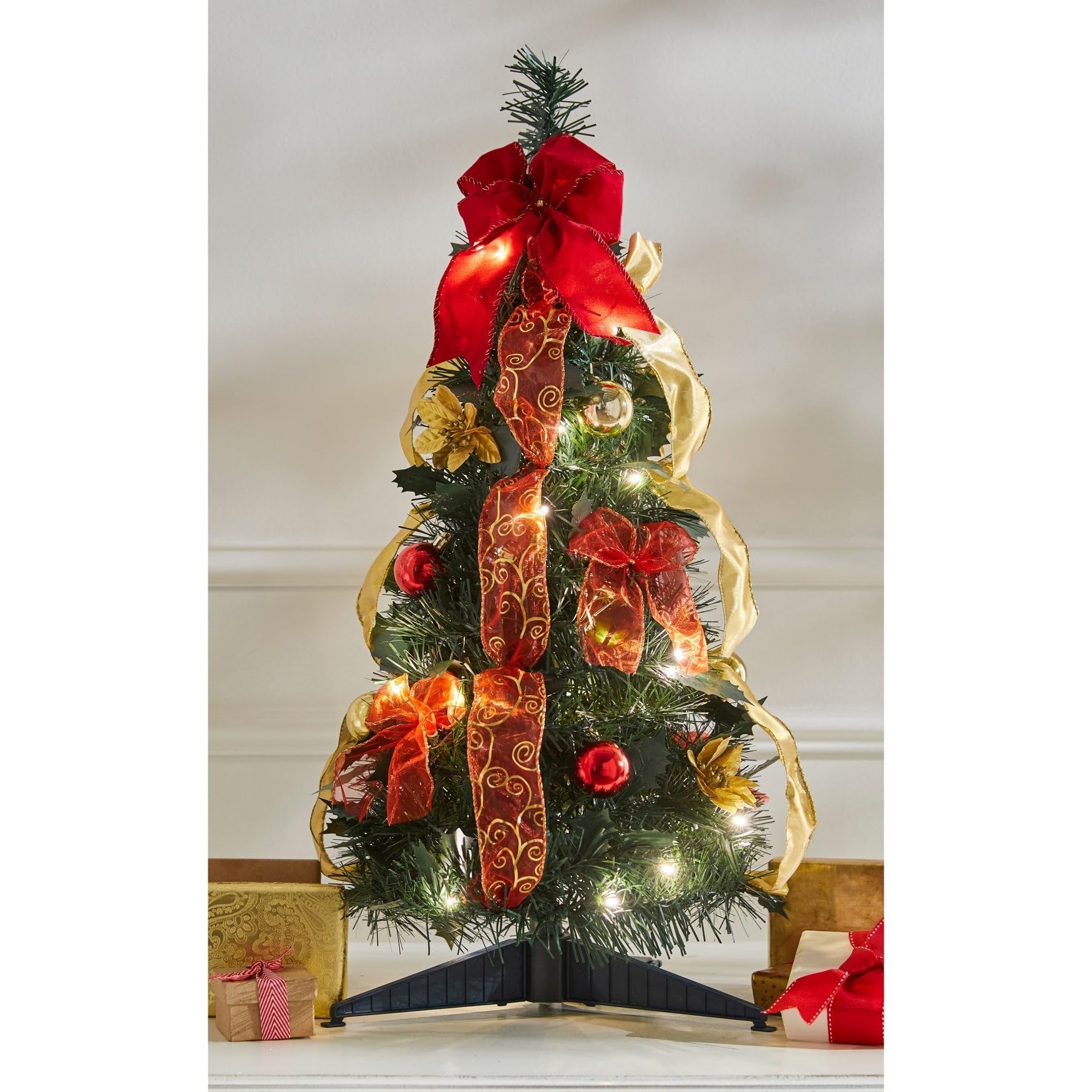 Fully Decorated Pre-Lit 2 Pop-Up Tabletop Christmas Tree - Red Gold