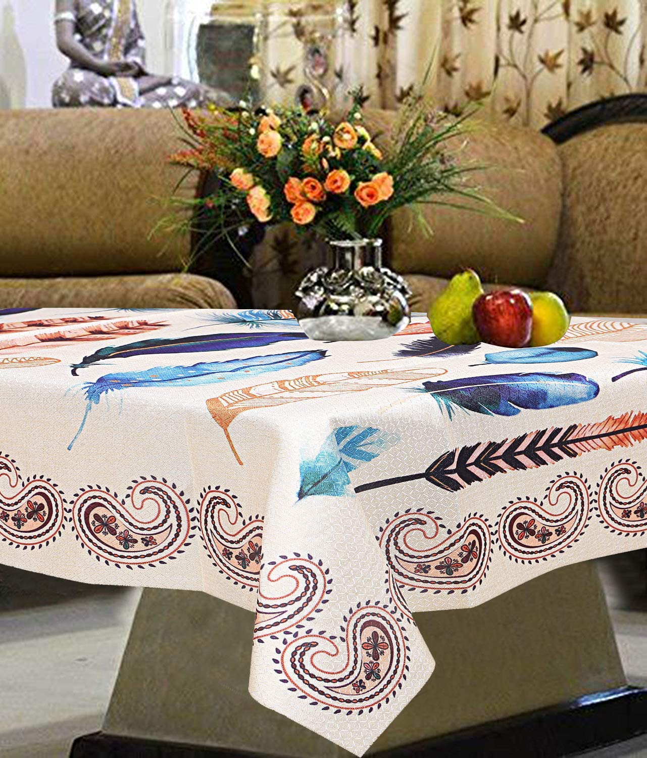 Kuber Industries Floral Design Cotton 4 Seater Center Table Cover (Cream), Ctktc13906