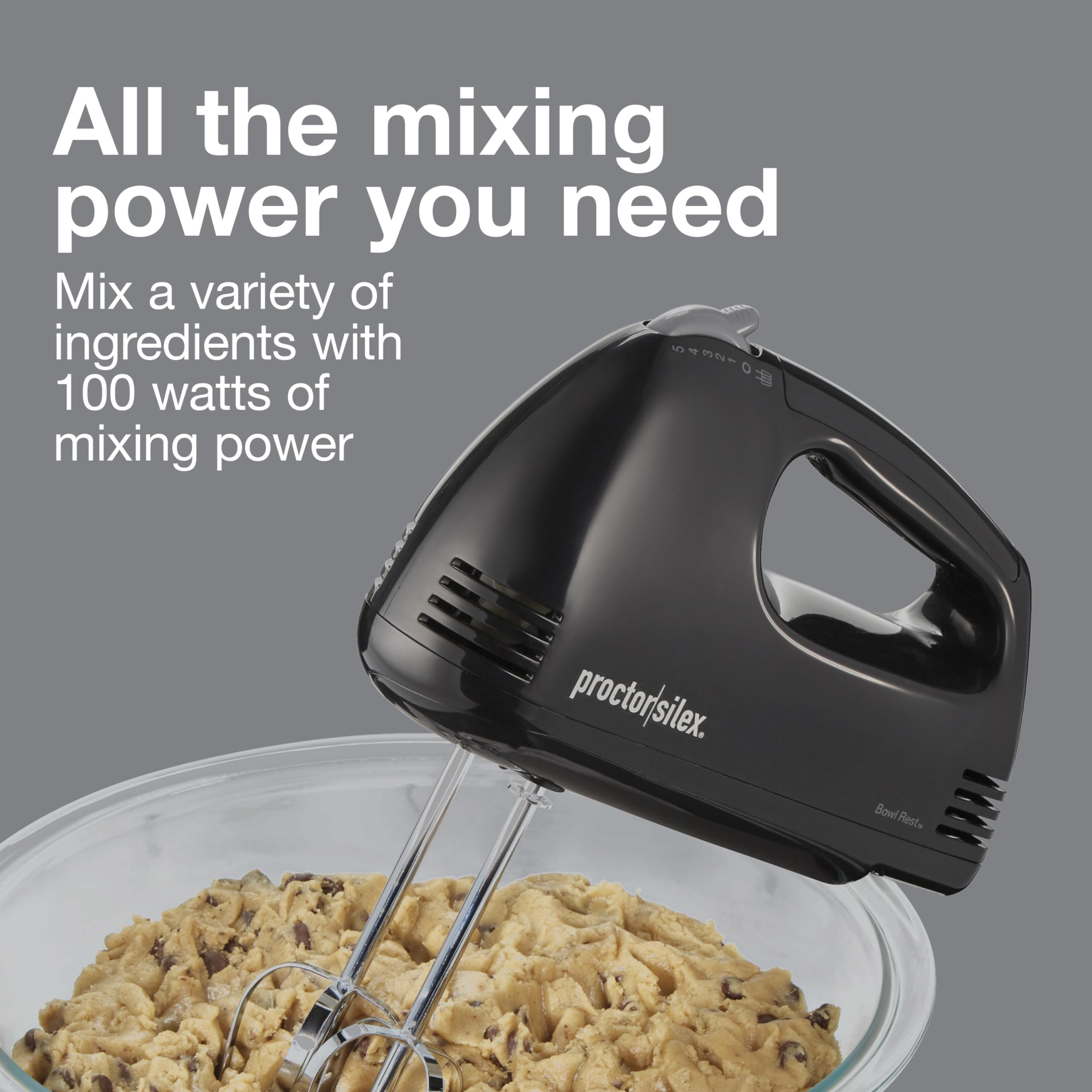 Proctor Silex Easy Mix 5-Speed Electric Hand Mixer With Bowl Rest, Compact And Lightweight, 100 Watts Of Peak Power, Black