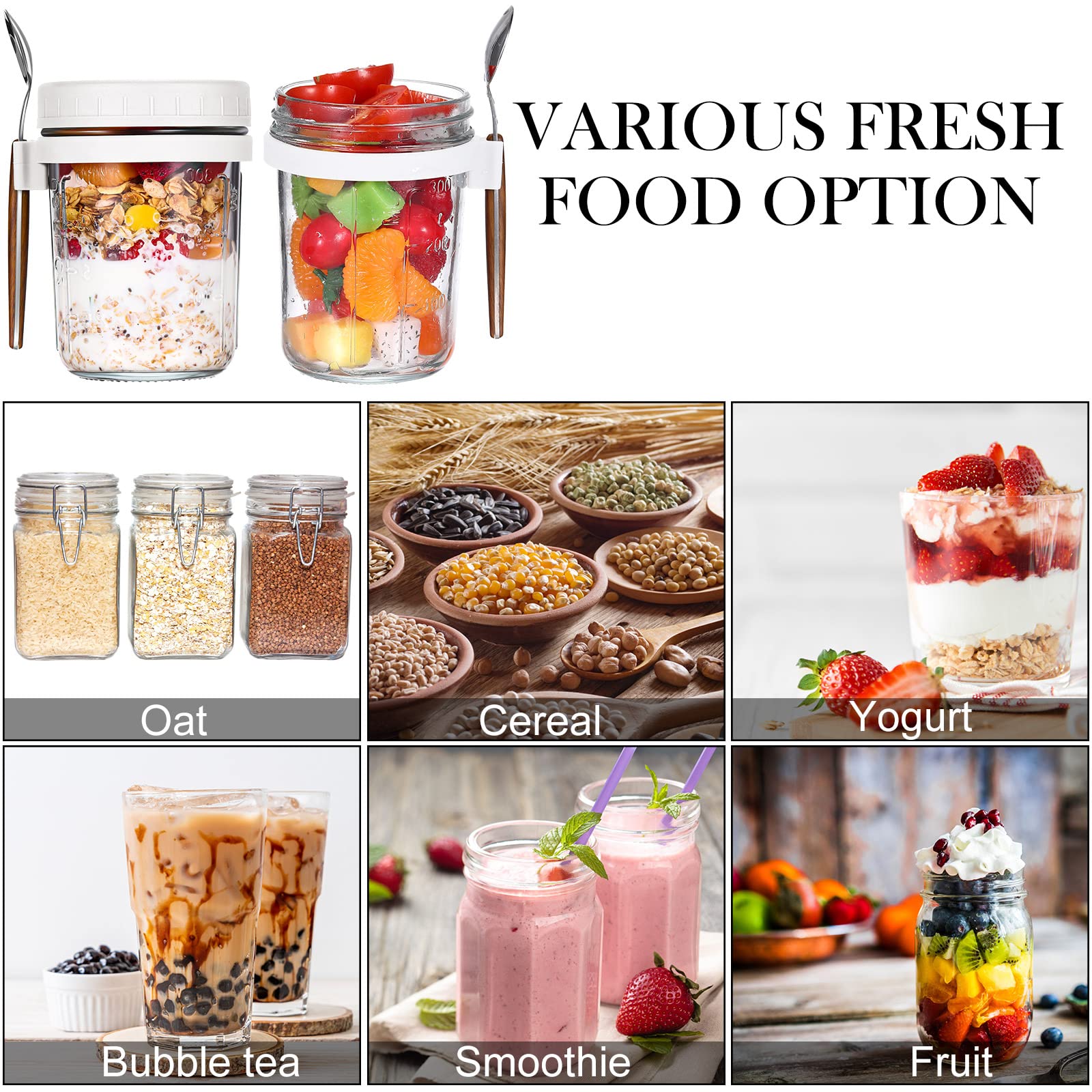 8 Pcs 10 Oz Overnight Oats Containers With Lids And Spoons Large Capacity Airtight Oatmeal Overnight Oat Jars With Measurement M