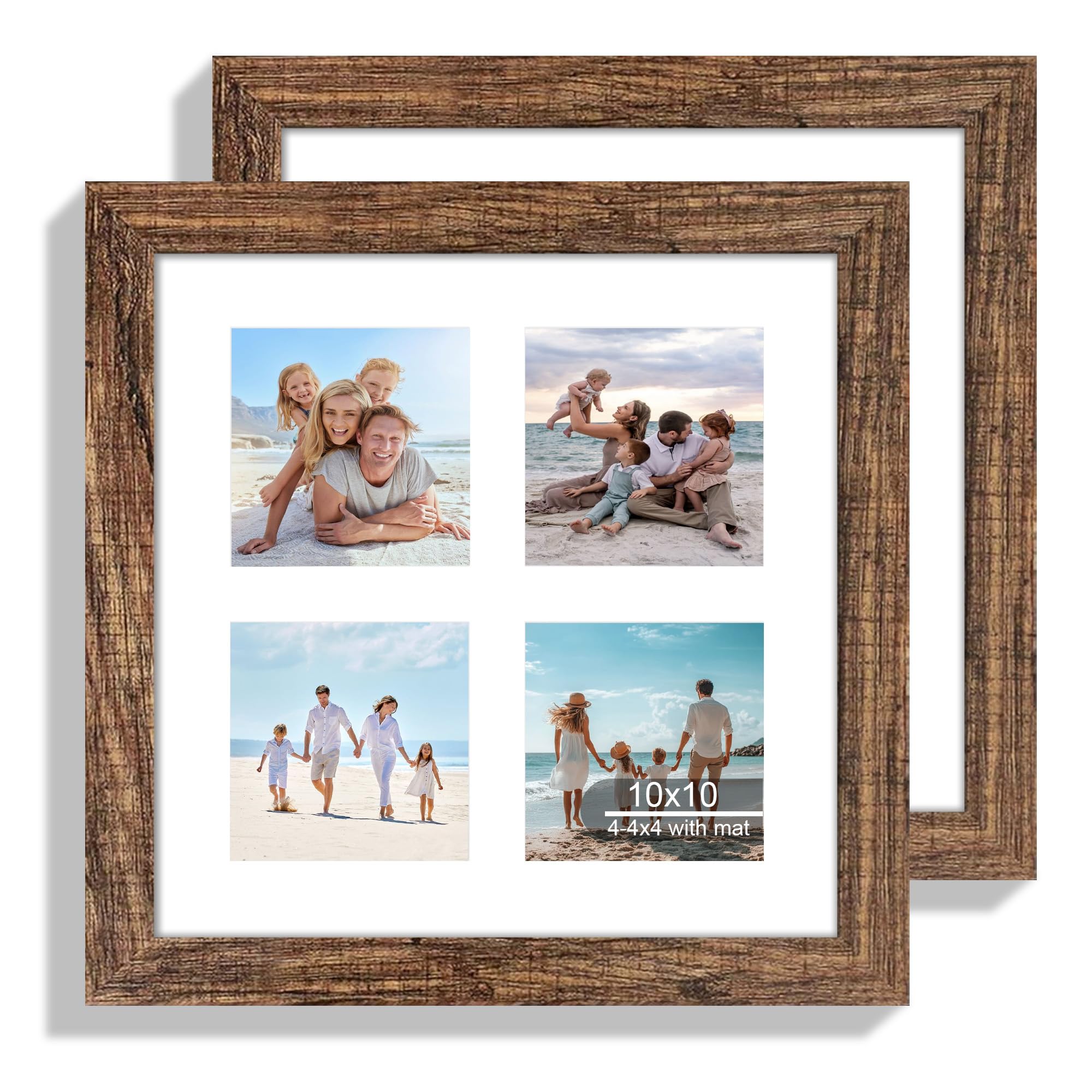 Hongkee 10x10 Picture Frame Set of 2, Real Glass and Rustic Brown Collage Frame, Display Pictures Four Opening 4x4 With Mat or 1