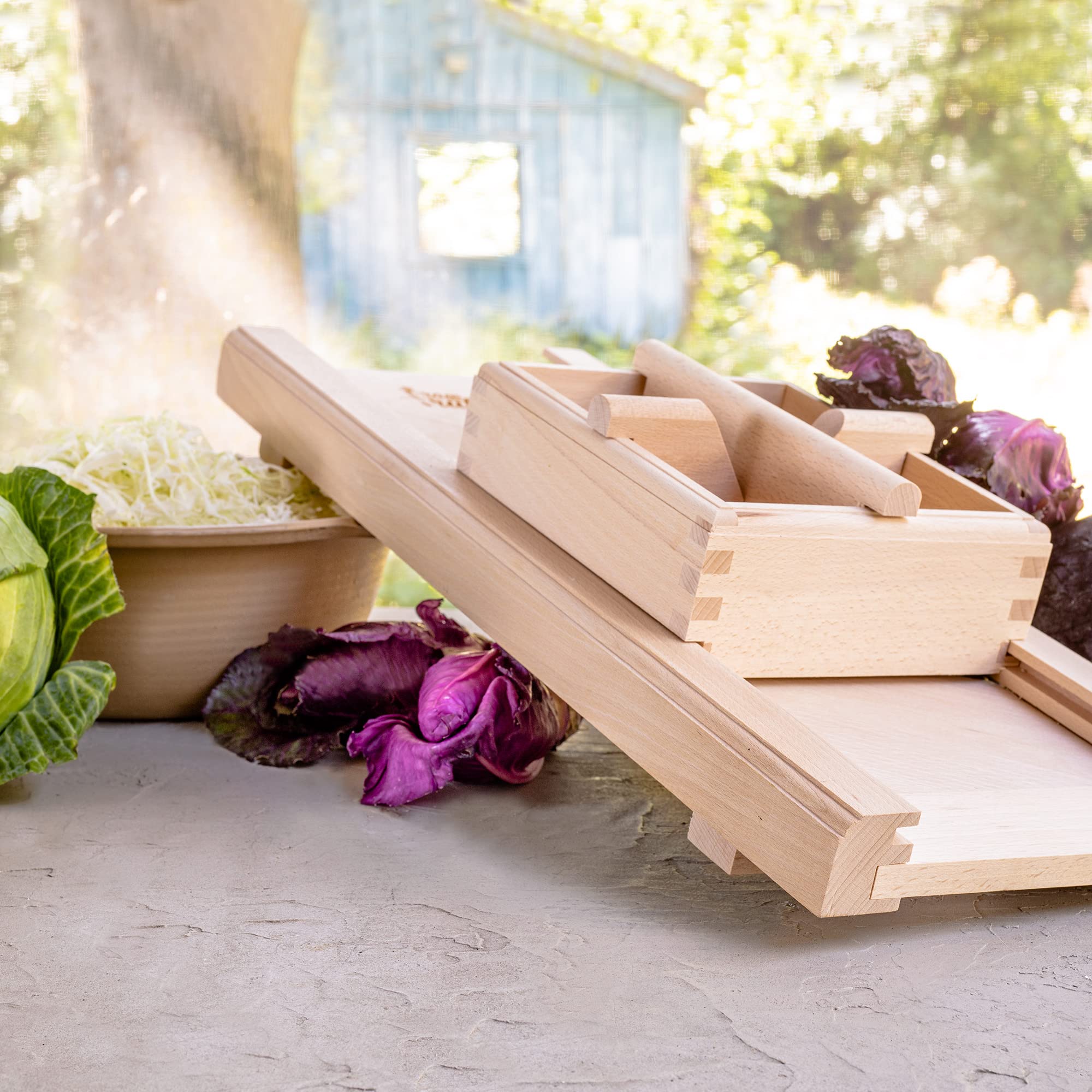 Raw Rutes -Traditional Wooden Cabbage Shredder Slicer With Hand Guard For Finely Cut Sauerkraut And Coleslaw - Heirloom Quality