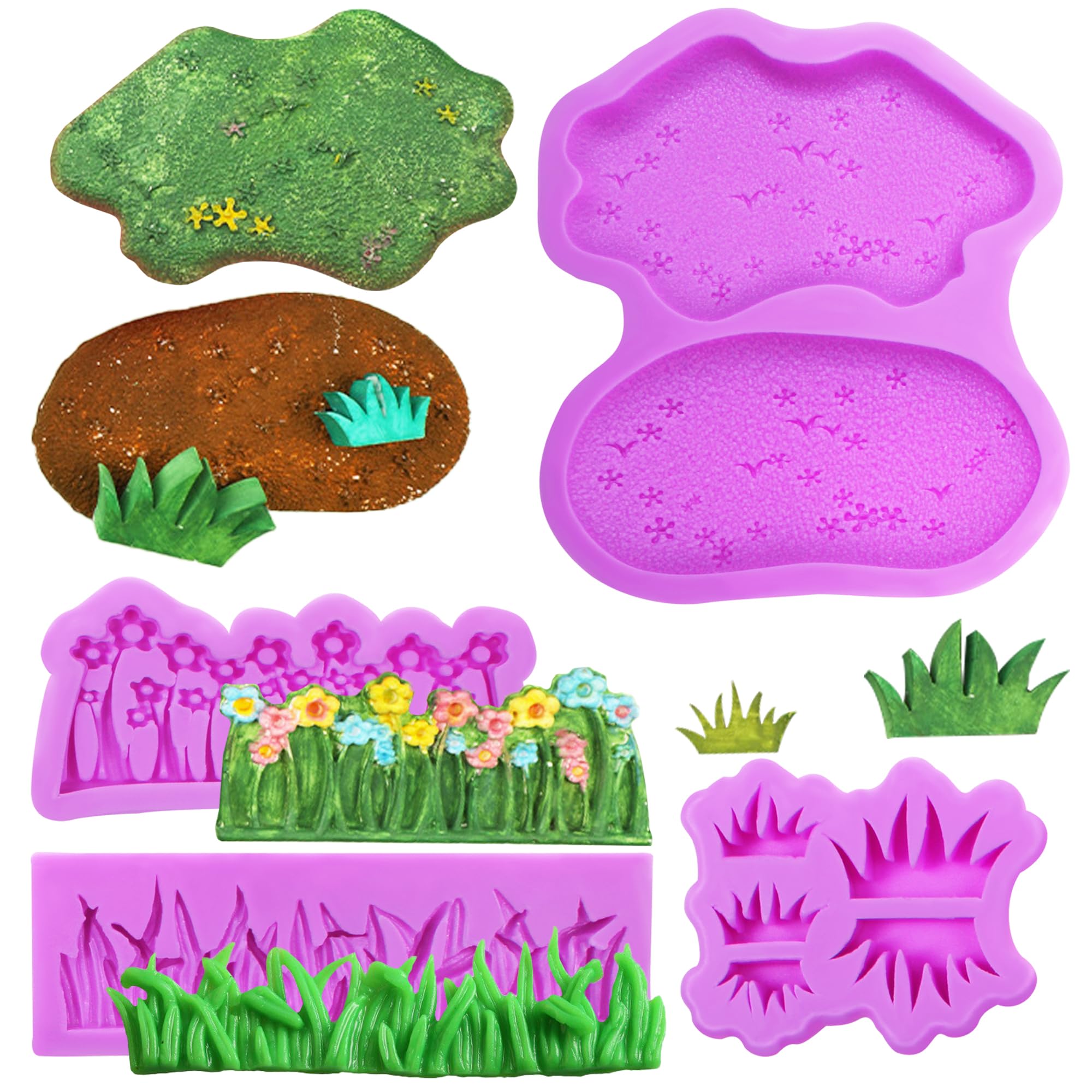 Grass Silicone Chocolate Molds, 4 Packs Stone Flowers Fondant Mold For Garden Cake Decoration, Cupcake Toppers, Clay, Brick Text